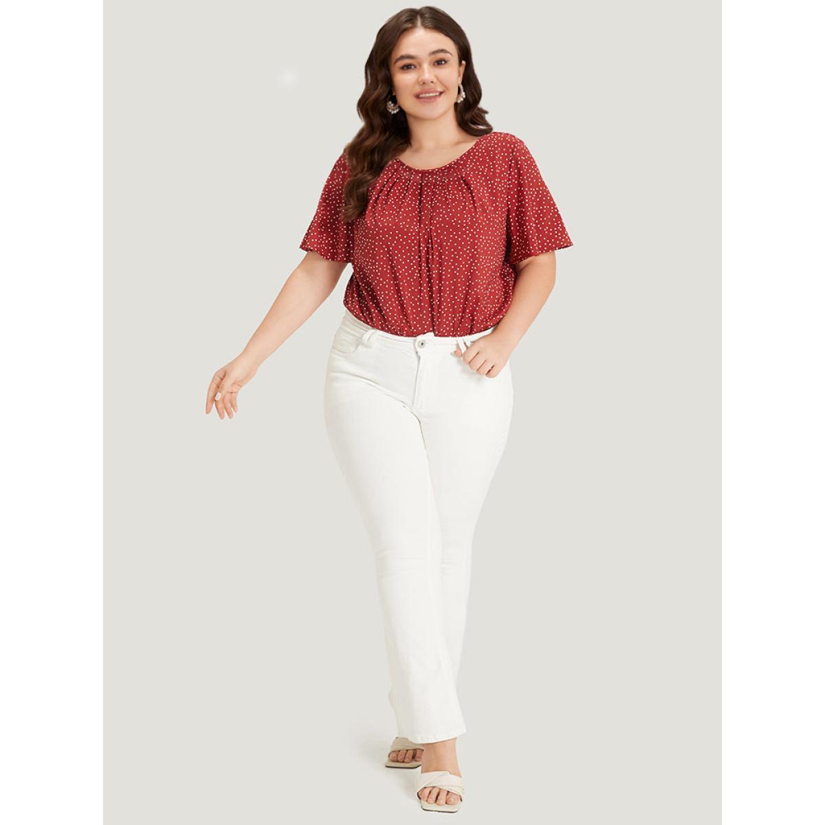 Plus Size Polka Dot Elastic Waist Plicated Detail Ruffle Sleeve Bodysuit Women Red Polka Dot Pleated Bodysuits BloomChic 22-24/3X Product Image