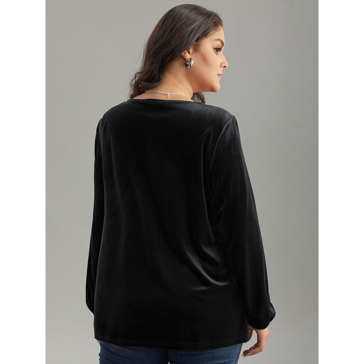 Plus Size Black Velvet Metal Button Detail Blouse Women Elegant Long Sleeve Square Neck Dailywear Blouses BloomChic 10/M Product Image