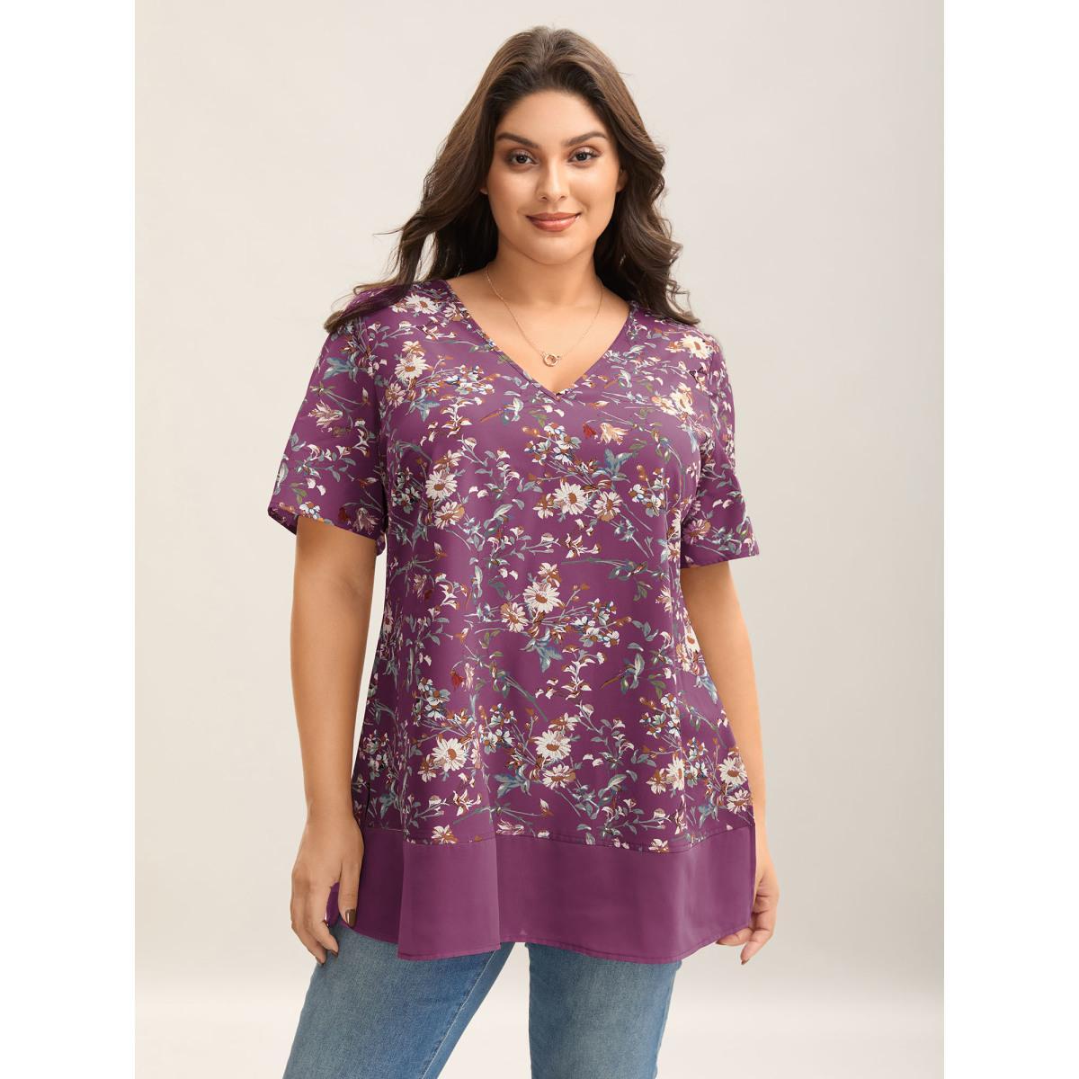 Plus Size Deeppurplered Garden Print Spliced V-Neck Blouse Women Elegant Short sleeve V-neck Everyday Blouses BloomChic 30/6X Product Image