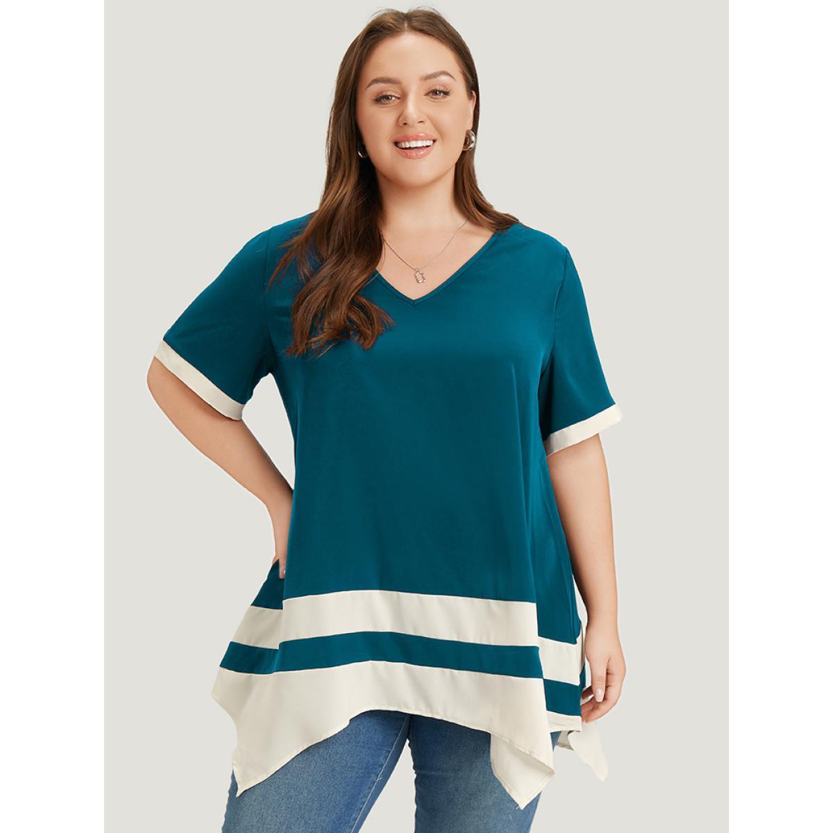 Plus Size Teal Anti-Wrinkle Two Tone Hanky Hem Blouse Women Office Short sleeve V-neck Work Blouses BloomChic 14-16/1X Product Image
