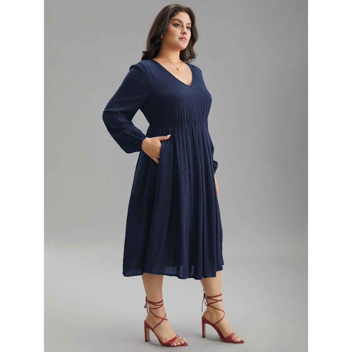 Plus Size Static-Free Solid Lantern Sleeve Pleated Dress DarkBlue Women Elegant Elastic cuffs Round Neck Long Sleeve Curvy Midi Dress BloomChic 28/5X Product Image