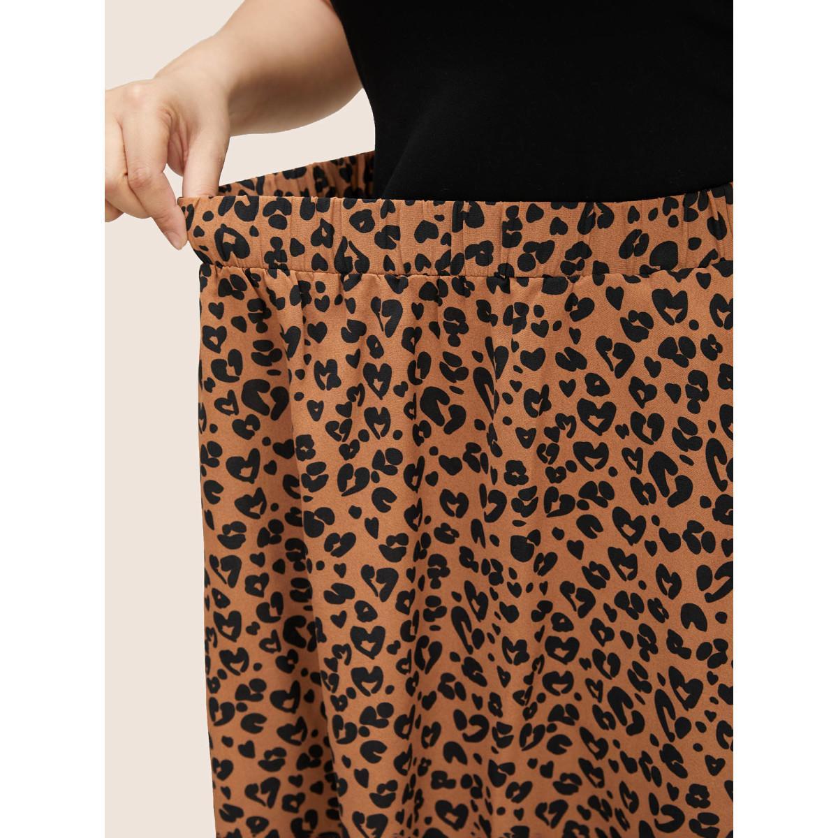 Plus Size Leopard Pocket Elastic Waist Cropped Skirt Women Chocolate At the Office Non No stretch Slanted pocket Work Skirts BloomChic 12/L Product Image