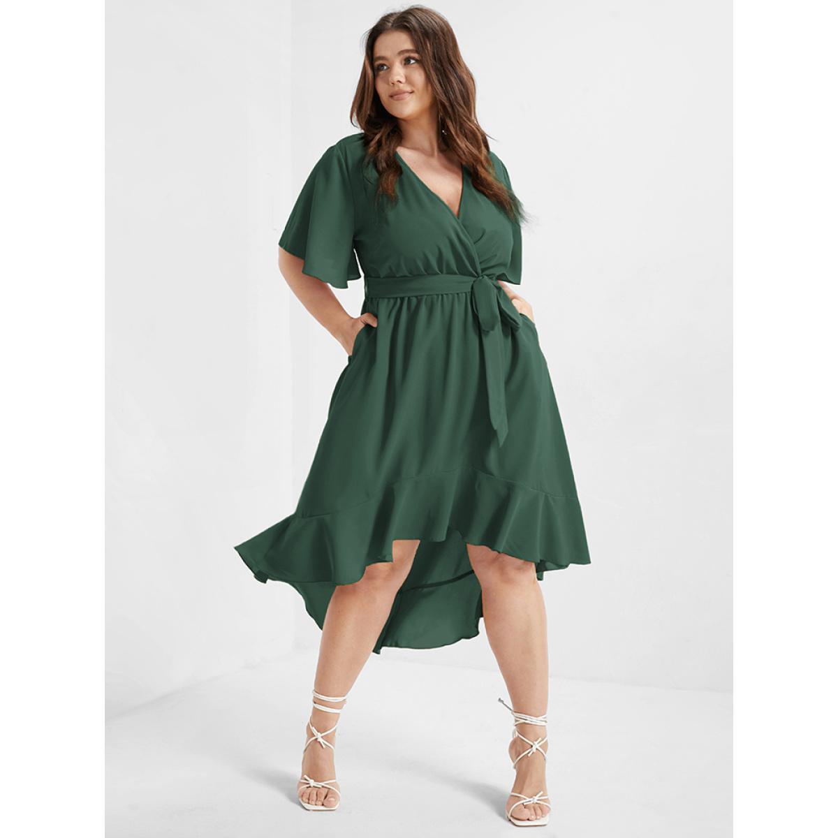 Plus Size Bloom Dress - Solid Tie Surplice Ruffle High Low Dress DarkGreen Women Elegant Cross straps V-neck Short sleeve Curvy Midi Dress BloomChic 28/5X Product Image