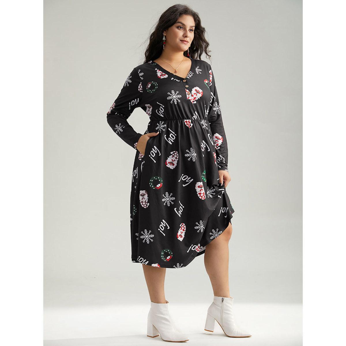 Plus Size Christmas Graphic Button Detail Dress Black Women Elegant Gathered V-neck Long Sleeve Curvy Midi Dress BloomChic 12/L Product Image