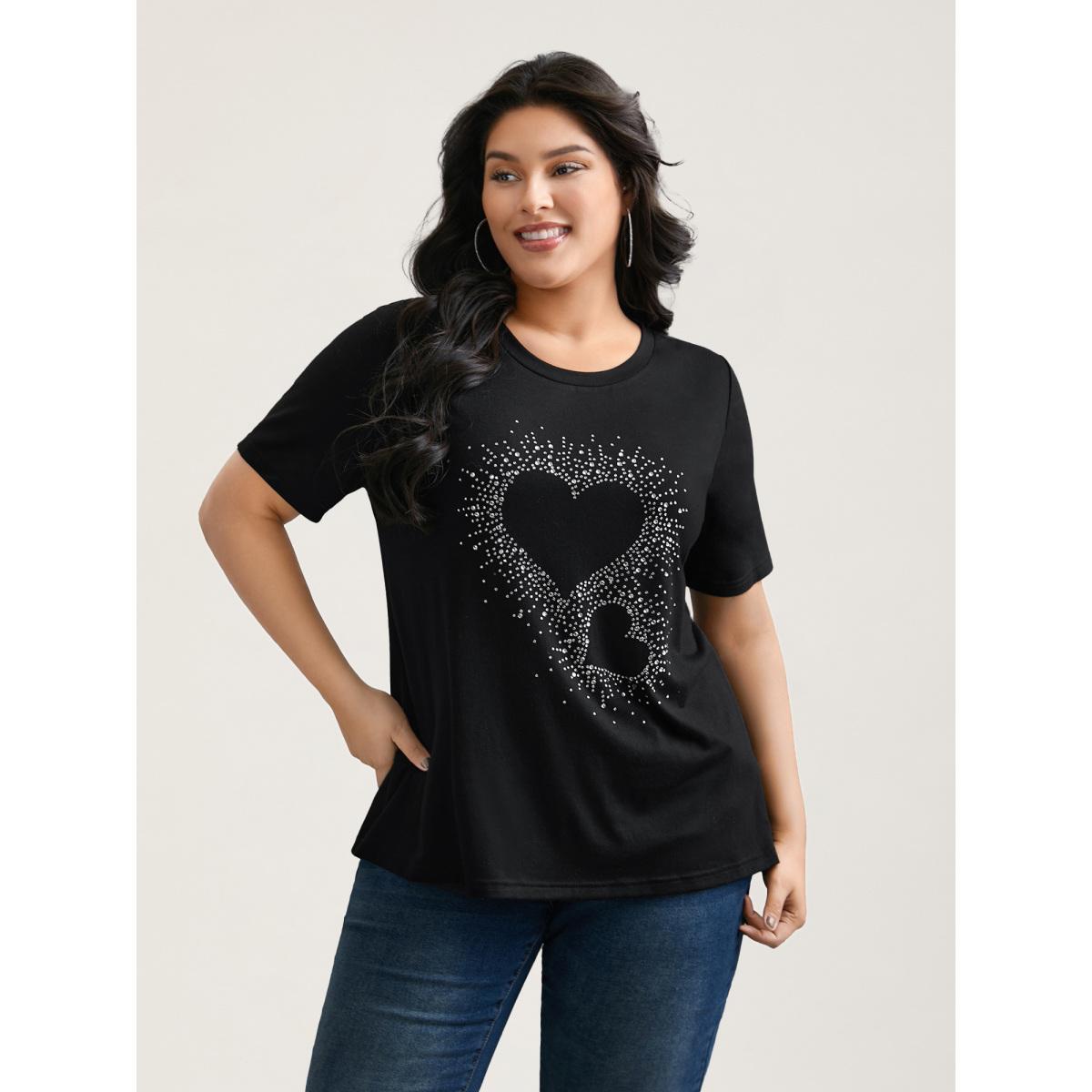Plus Size Crew Neck Rhinestone Heart T-Shirt Black Women Casual Rhinestone detailing Round Neck Everyday T-shirts BloomChic 22-24/3X Product Image