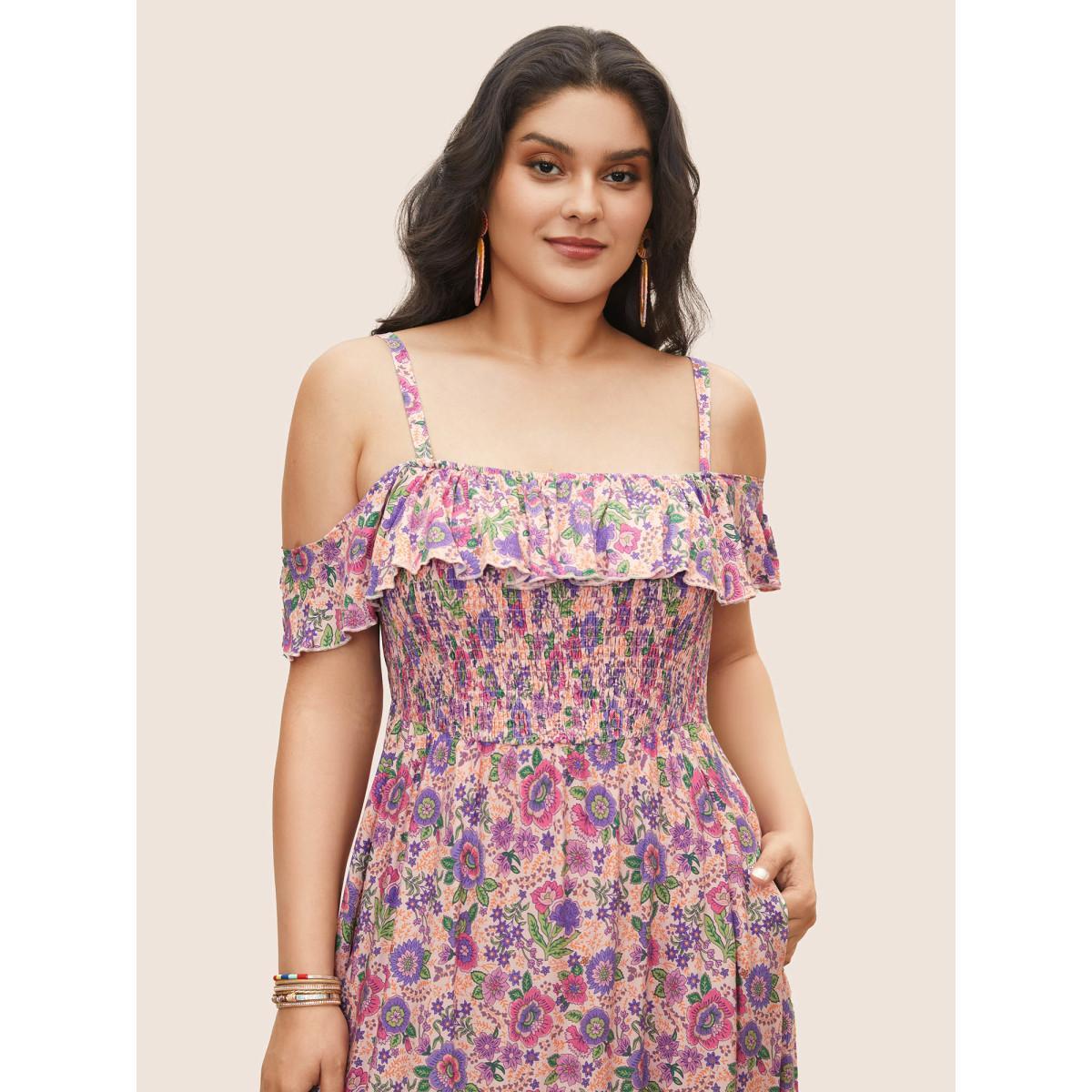 Plus Size Floral Cold Shoulder Ruffles Shirred Dress Pink Women Resort Shirred Non Short sleeve Curvy Midi Dress BloomChic 18-20/2X Product Image