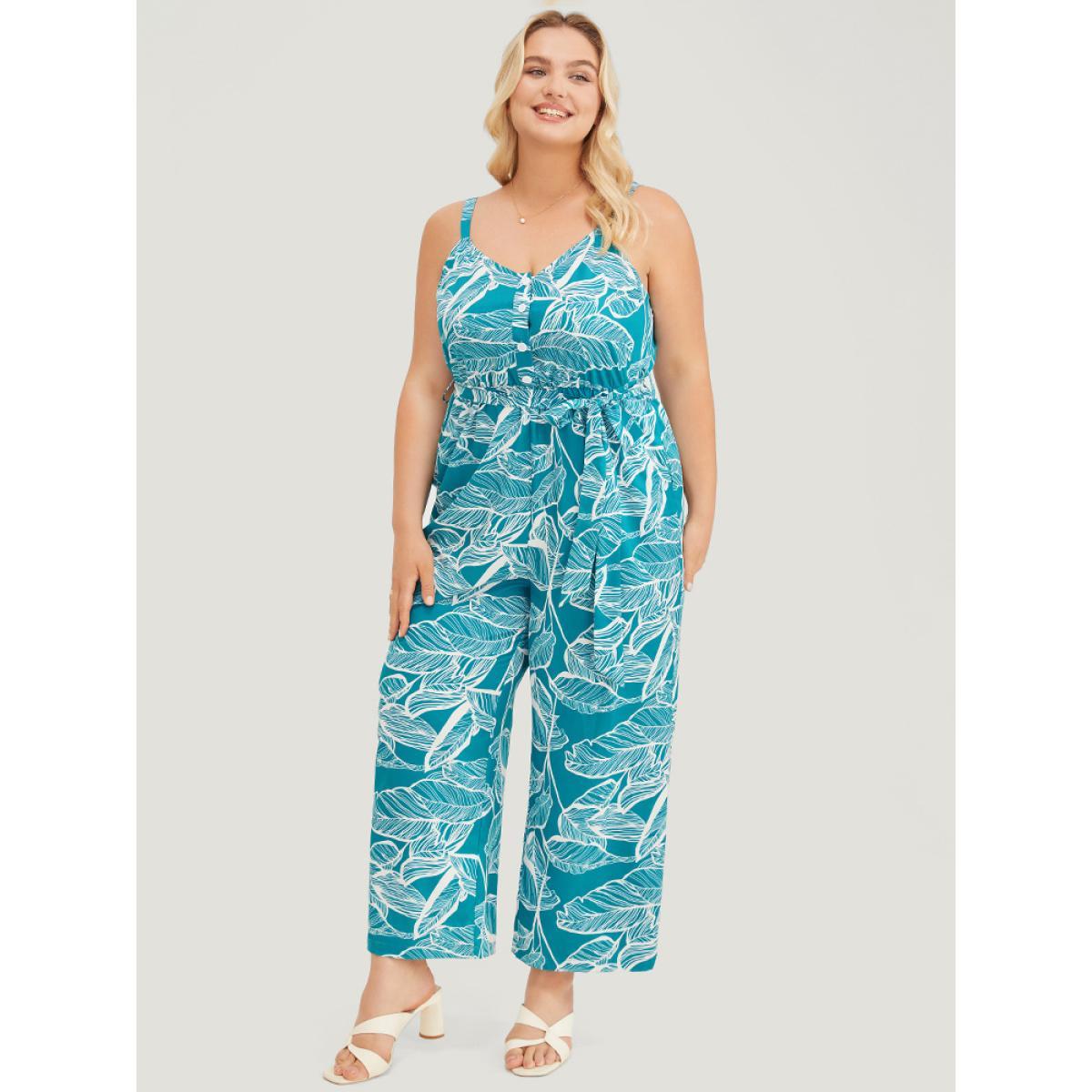 Plus Size Emerald Plant Print Button Through Pocket Belt Cami Jumpsuit Women Vacation Sleeveless Spaghetti Strap Dailywear Loose Jumpsuits BloomChic 18-20/2X Product Image