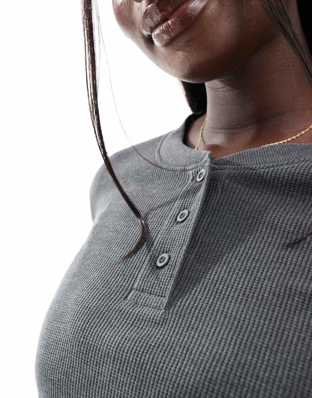 ASOS DESIGN Curve long sleeve waffle knit henley t-shirt in charcoal Product Image