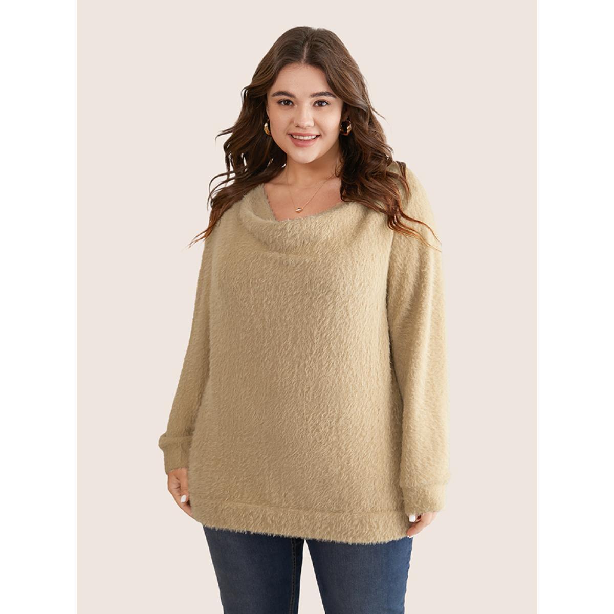 Plus Size Fuzzy Plain Cowl Neck Sweatshirt Women Tan Casual Texture Cowl Neck Dailywear Sweatshirts BloomChic 22-24/3X Product Image