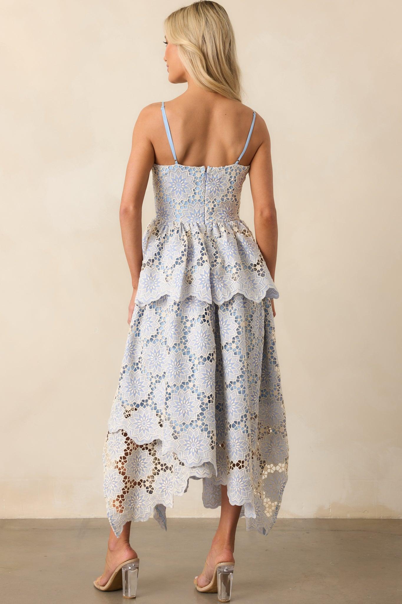 Within Myself Sky Blue Embroidered Eyelet Asymmetric Maxi Dress Product Image