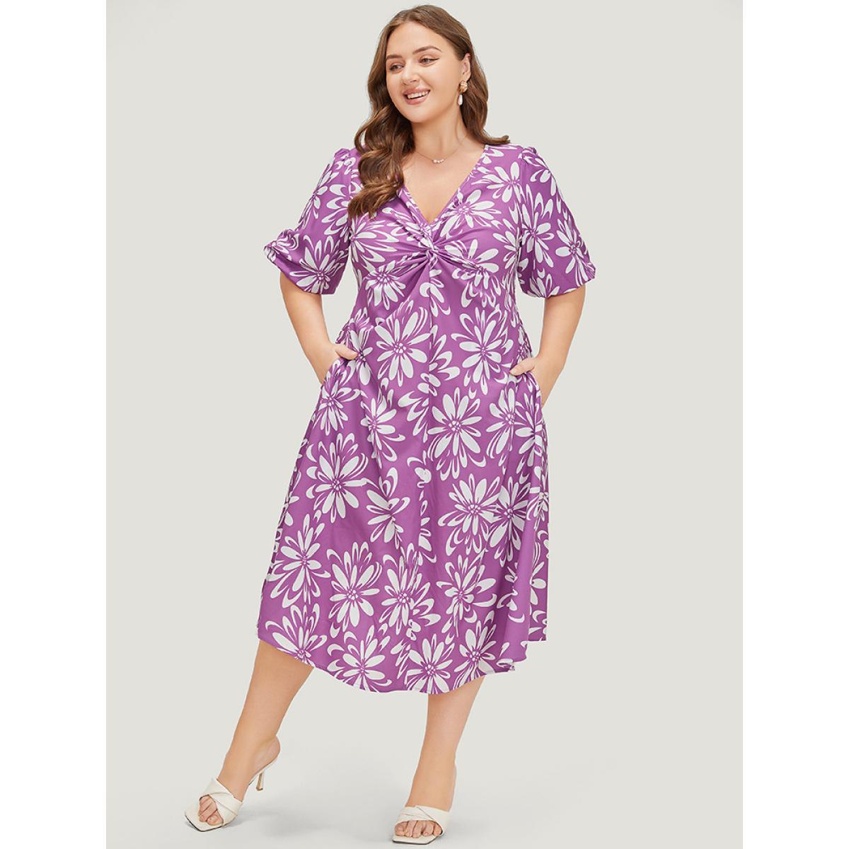 Plus Size Floral Print Puff Sleeve Pocket Twist Front Dress Lilac Women Elegant V-neck Short sleeve Curvy Midi Dress BloomChic 14-16/1X Product Image