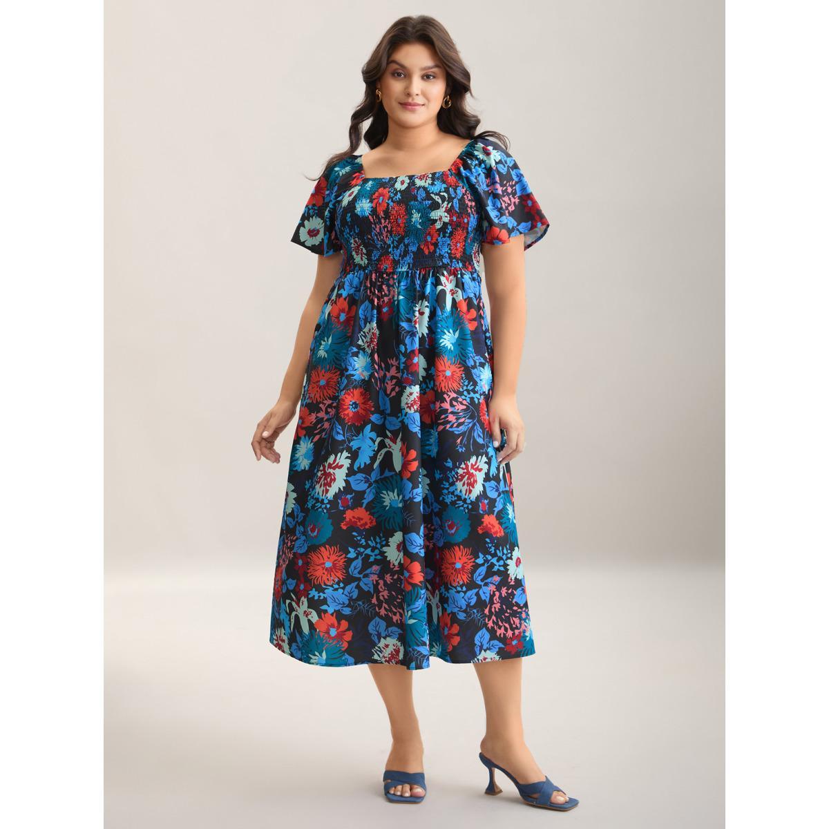 Plus Size Floral Shirred Square Neck Pocket Midi Dress Indigo Women Elegant Non Square Neck Short sleeve Curvy Midi Dress BloomChic 10/M Product Image