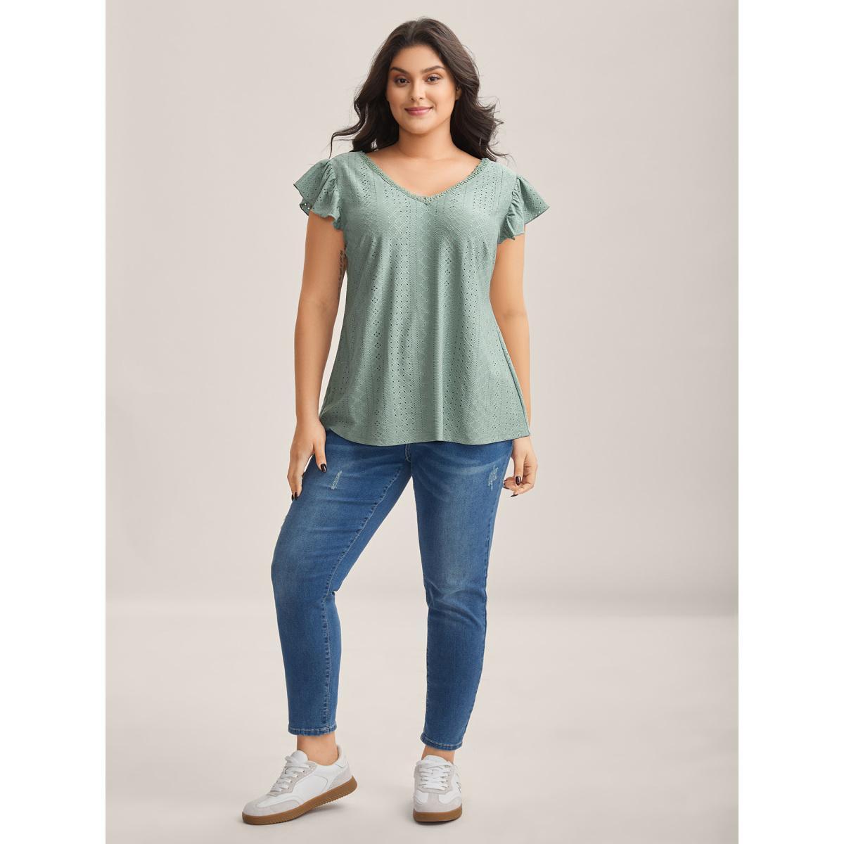 Plus Size Eyelet Trim Flutter Sleeve Backless T-Shirt Greenbean Women Woven ribbon&lace trim V-neck Everyday-Casual T-shirts BloomChic 12/L Product Image