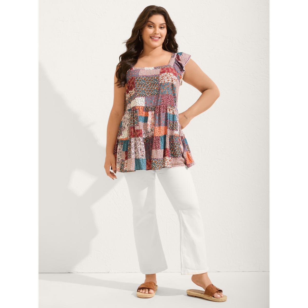 Plus Size Floral Collage Print Layered Tank Top Women Aegean Gathered Square Neck Vacation Tank Tops Camis BloomChic 26/4X Product Image