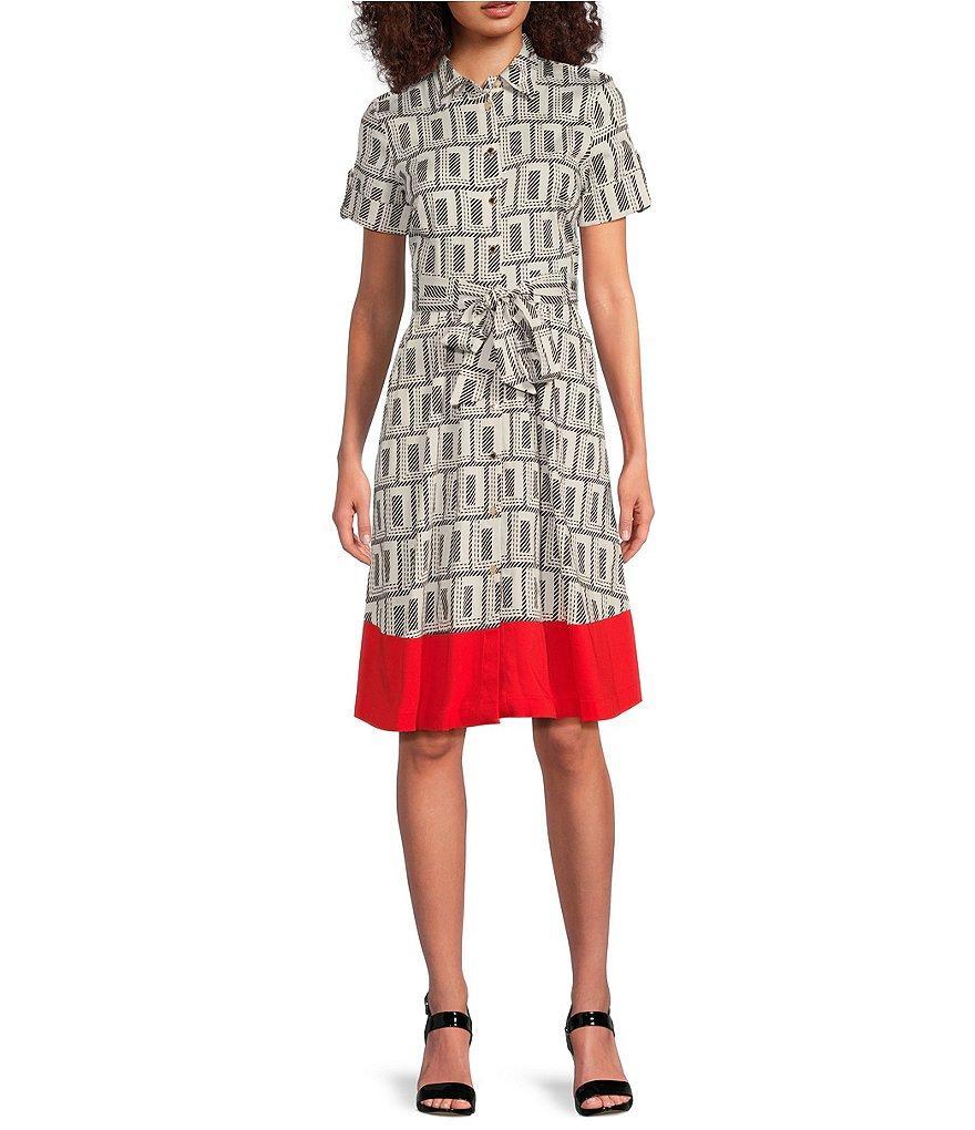 KARL LAGERFELD PARIS Sateen Geo Print Point Collar Short Sleeve Midi A-Line Dress Product Image