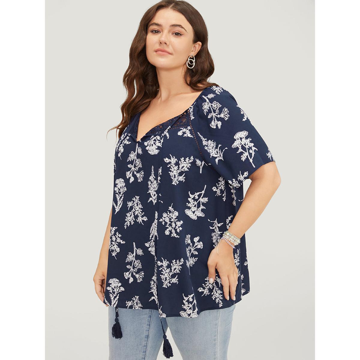 Plus Size Indigo Floral Tassels Tie Neck Contrast Lace Blouse Women Elegant Short sleeve Tie Neck Dailywear Blouses BloomChic 18-20/2X Product Image