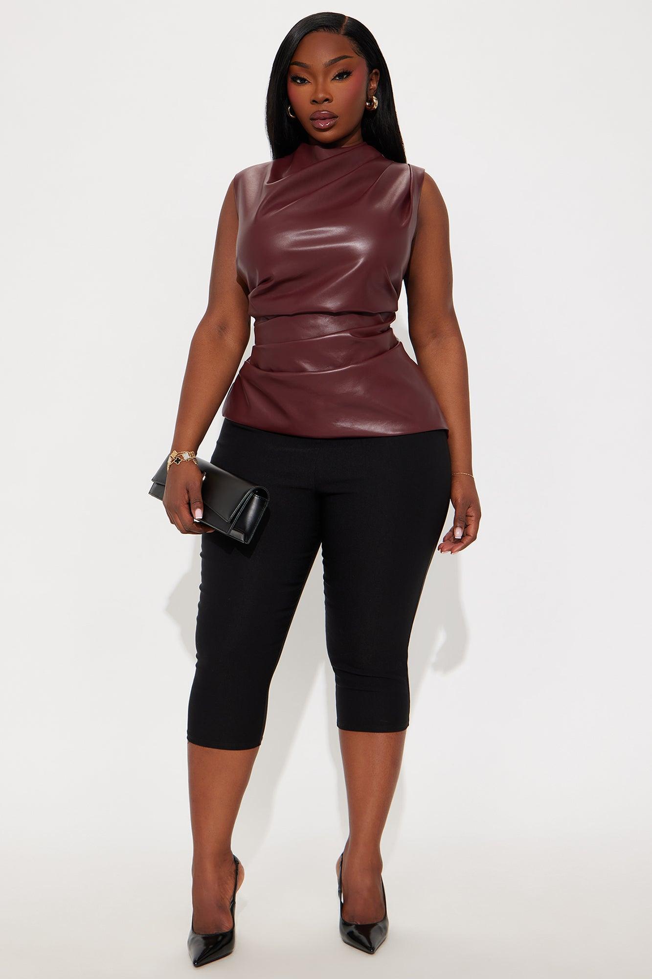 Estelle Faux Leather Mock Neck Top - Burgundy Product Image