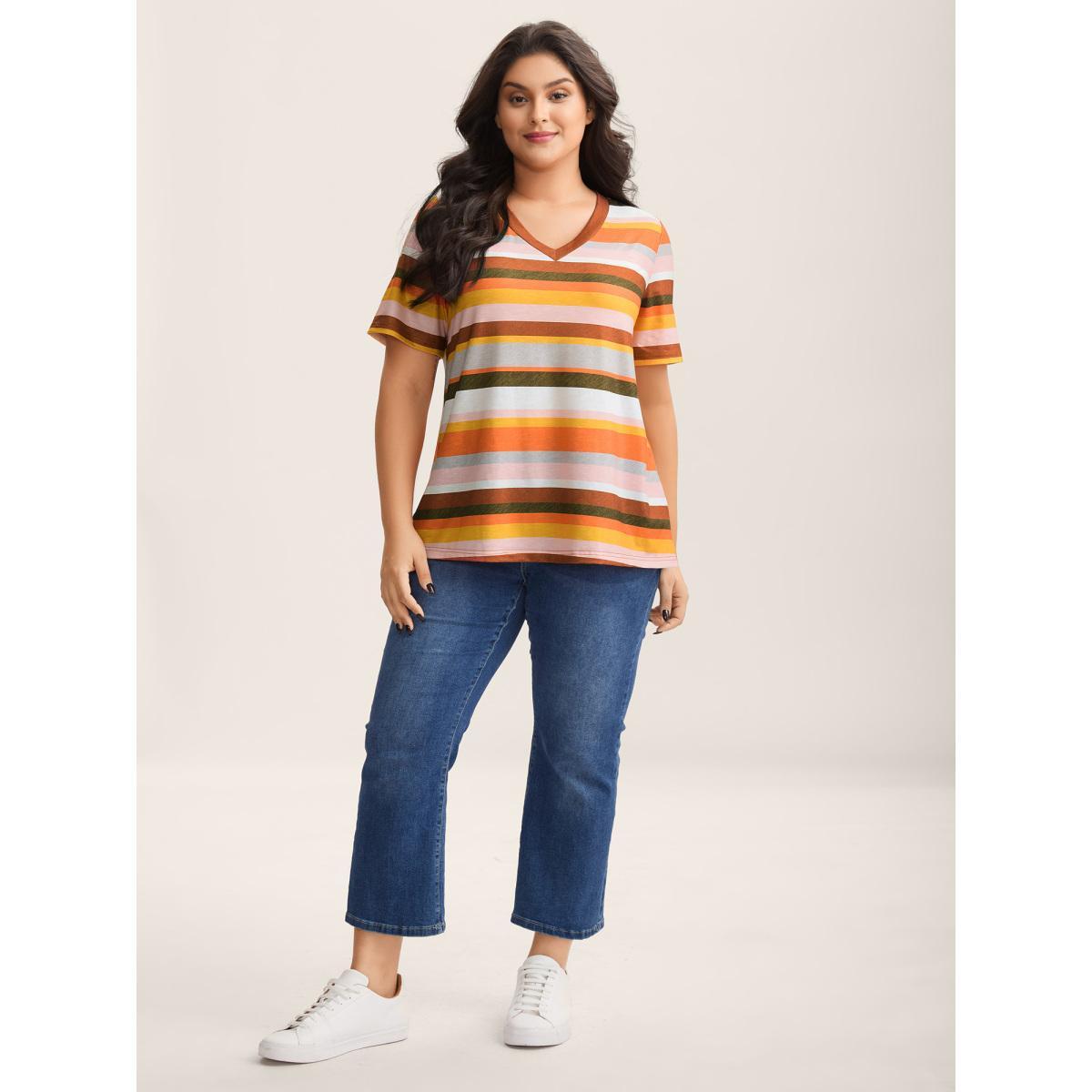 Plus Size Bamboo Stretchy Colorful Stripes T-Shirt Multicolor Women Contrast V-neck Everyday-Casual T-shirts BloomChic 12/L Product Image