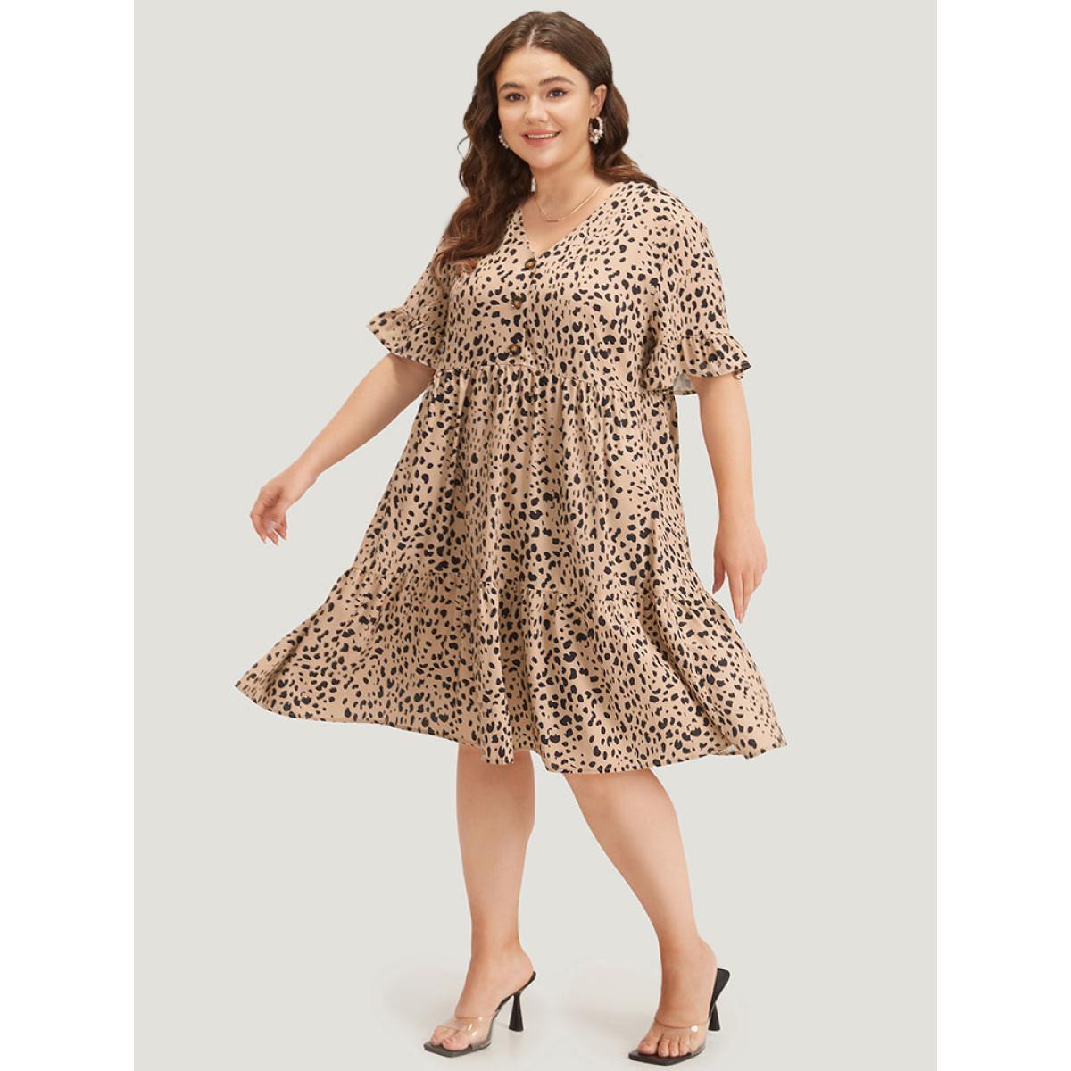 Plus Size Leopard Print Bell Sleeve Button Up Ruffle Layered Hem Dress Leopard Women Elegant Button V-neck Half Sleeve Curvy Knee Dress BloomChic 18-20/2X Product Image