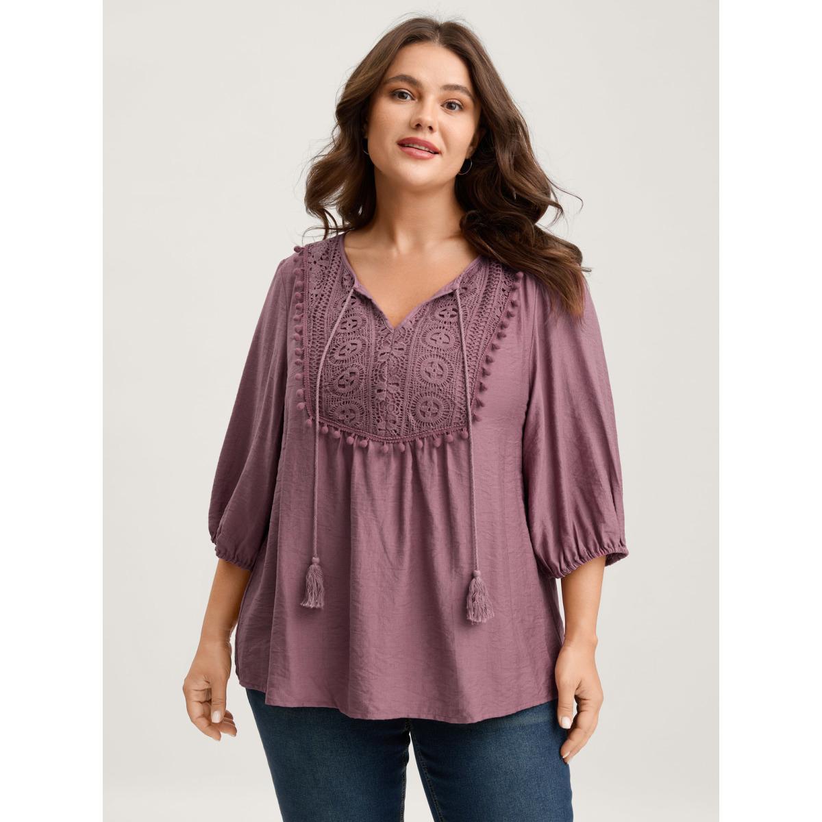 Plus Size Mauve Lace Neck Tie Flowy Solid Blouse Women Elbow-length sleeve V-neck Everyday-Elegant Blouses BloomChic 30/6X Product Image