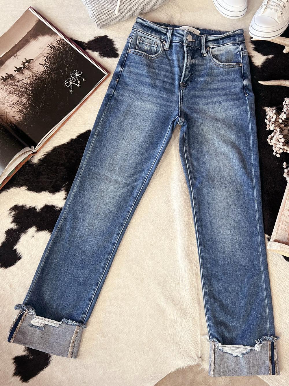 Tummy Control High Rise Crop Straight Cuffed Jeans Product Image