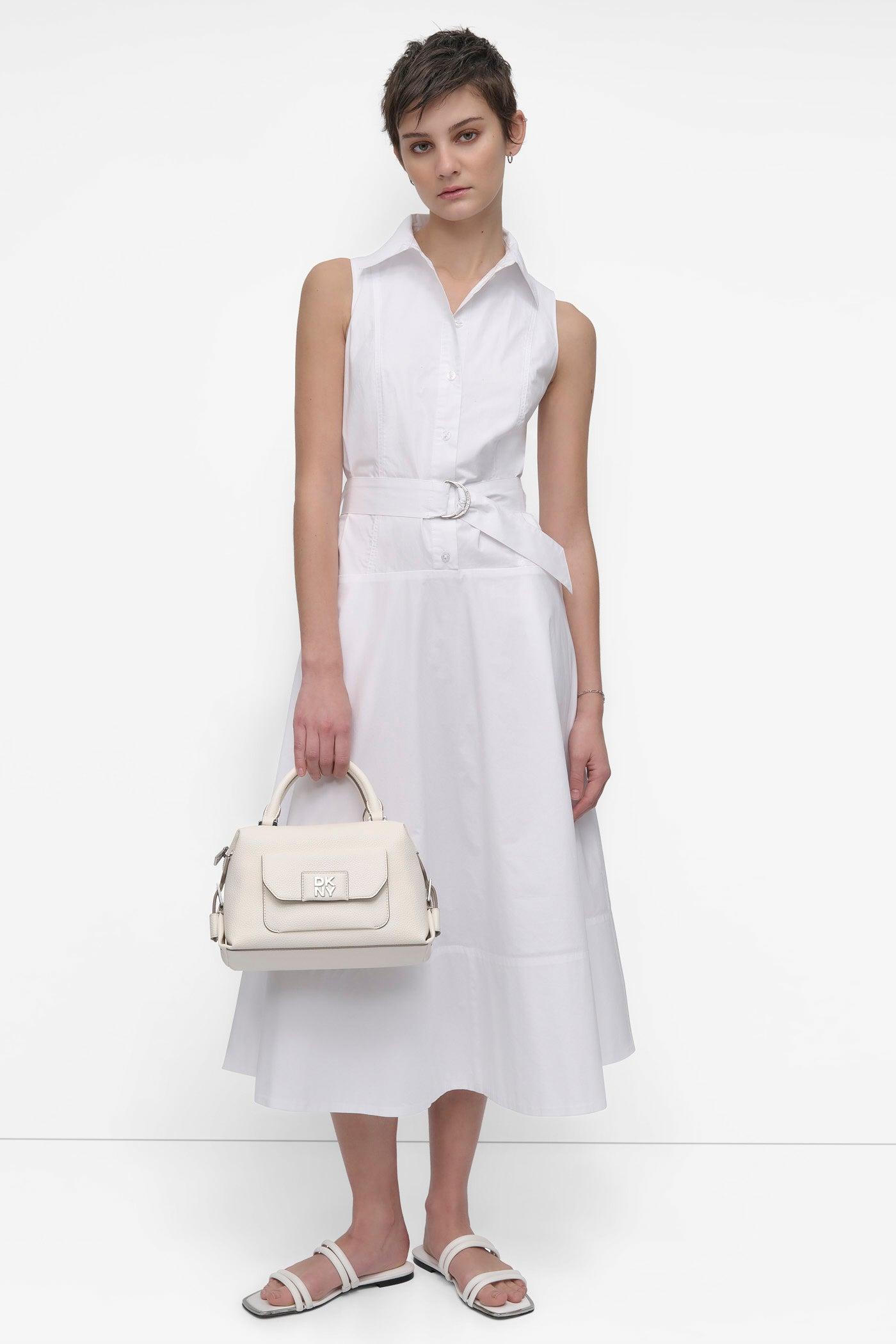 SLEEVELESS BUTTON FRONT POPLIN DRESS WITH SELF BELT Product Image