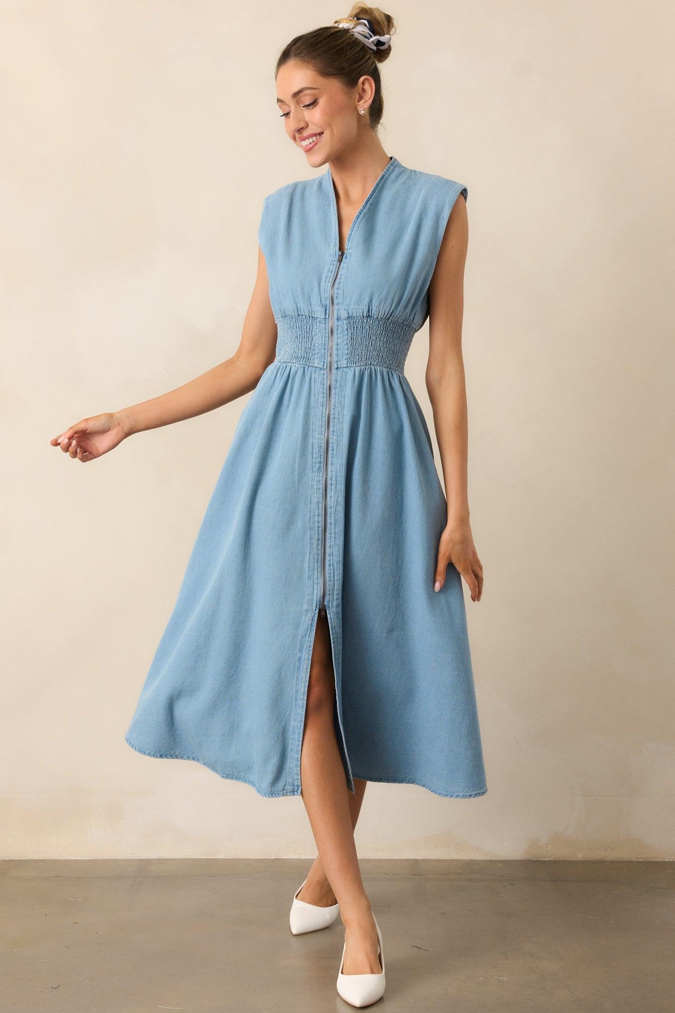 The Evette Light Wash Denim Zip Front Midi Dress Product Image
