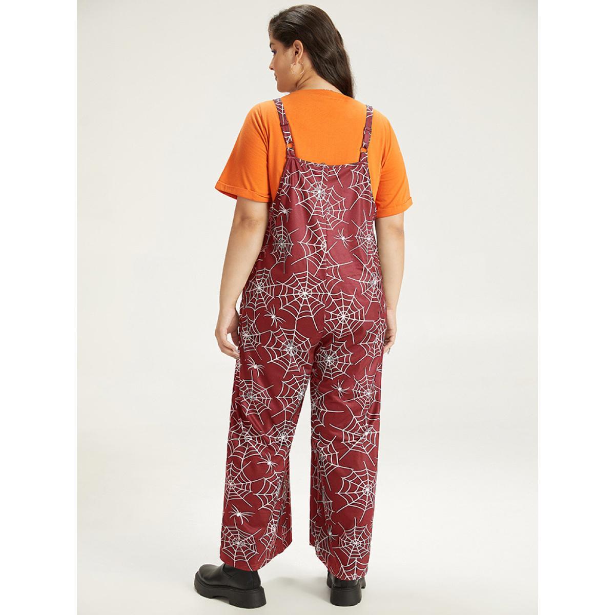 Plus Size DarkGreen Halloween Spider Web Print Pocket Overall Cami Jumpsuit Women Casual Sleeveless Spaghetti Strap Festival-Halloween Loose Jumpsuits BloomChic 10/M Product Image
