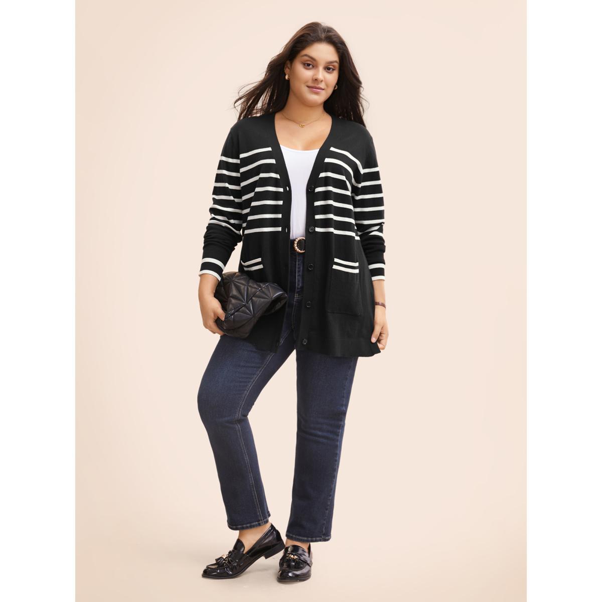 Plus Size Striped V Neck Button Up Pocket Cardigan Black Women Casual Loose Long Sleeve Everyday Cardigans BloomChic 12/L Product Image