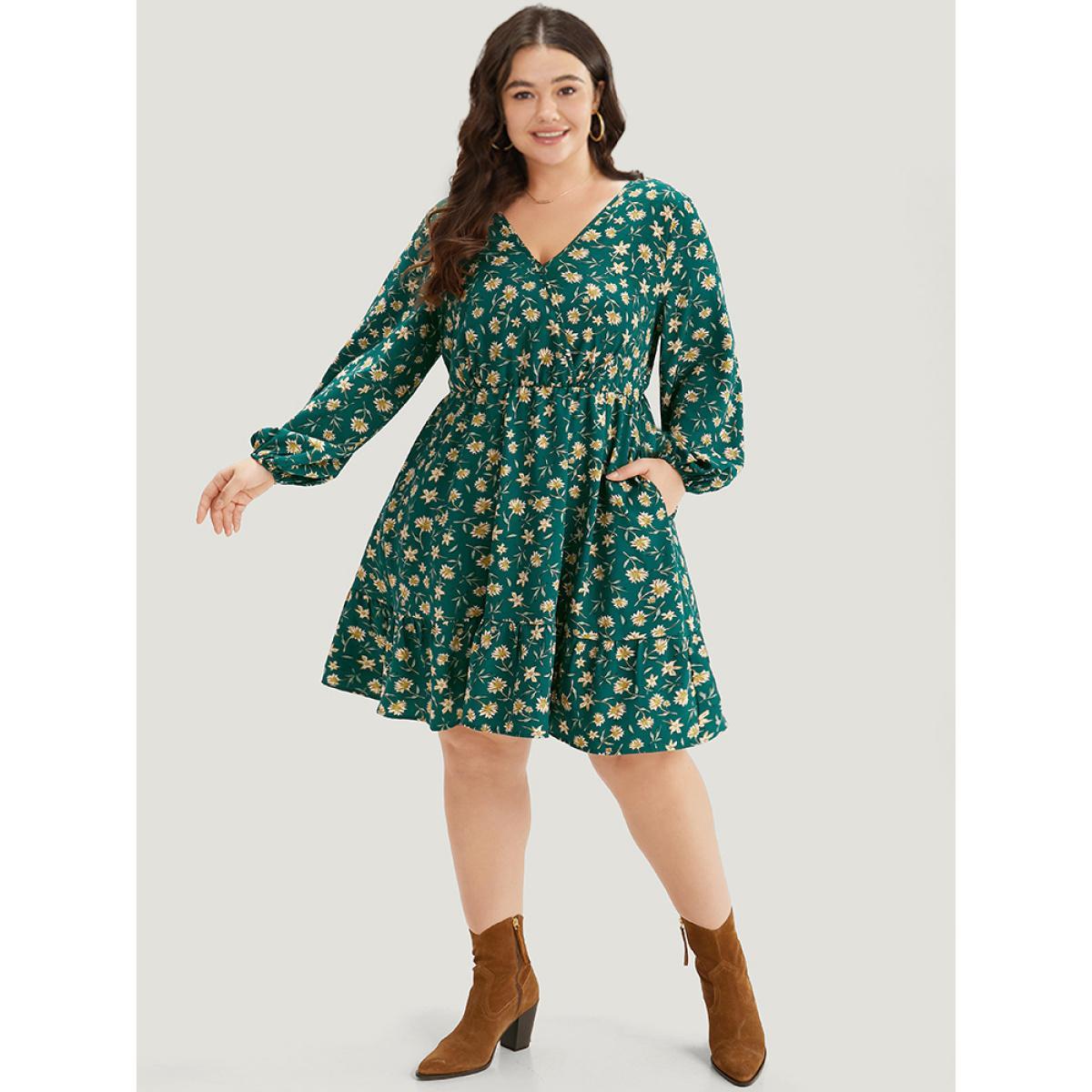 Plus Size Floral Print Surplice Neck Elastic Cuffs Dress Teal Women Elegant Elastic cuffs V-neck Long Sleeve Curvy Midi Dress BloomChic 30/6X Product Image