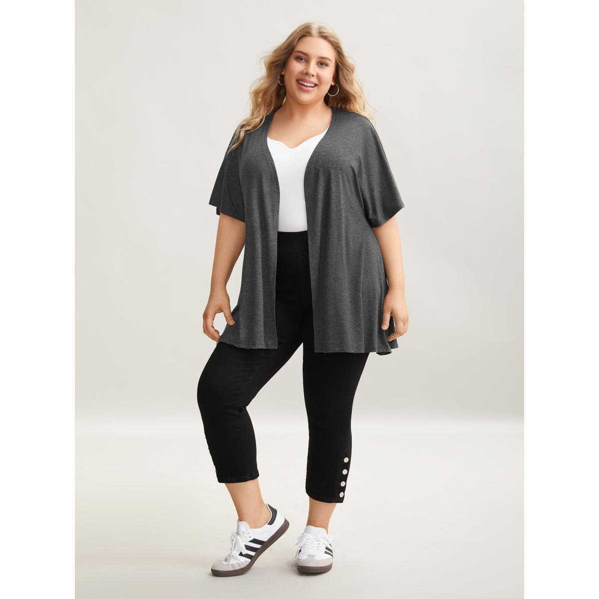 Plus Size Flared Sleeve Open-Front Kimono Cardigan Women DimGray Casual Non Everyday Kimonos BloomChic 12/L Product Image