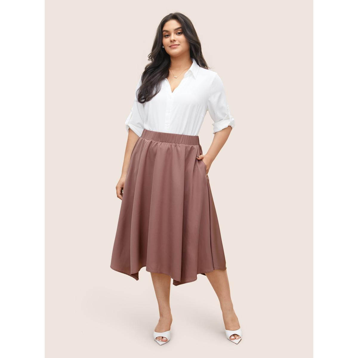 Plus Size Plain Elastic Waist Hanky Hem Skirt Women Russet At the Office Non No stretch Slanted pocket Work Skirts BloomChic 26/4X Product Image