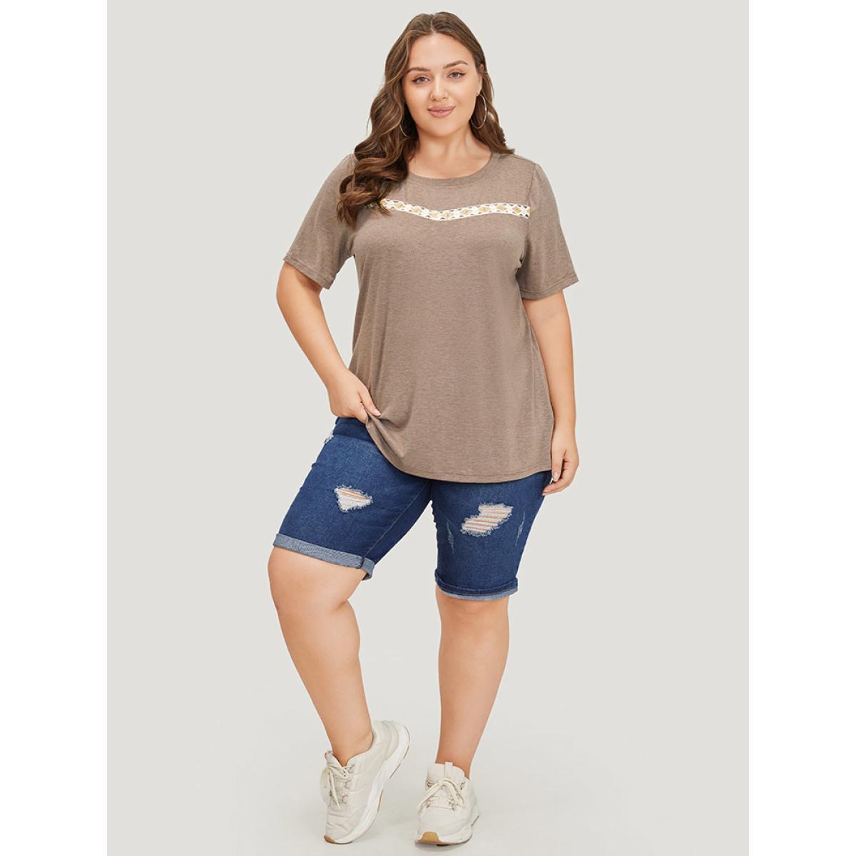 Plus Size Lace Panel Contrast Round Neck T-shirt DarkBrown Women Casual Heather Plain Round Neck Dailywear T-shirts BloomChic 12/L Product Image