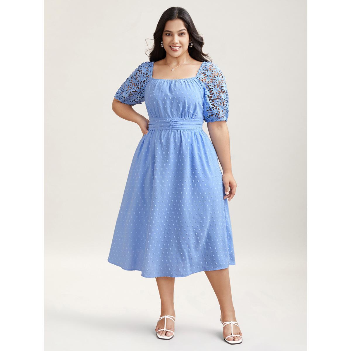 Plus Size Textured Lace Sleeve Stretchy Waist Midi Dress Skyblue Women Elegant Woven ribbon&lace trim Square Neck Short sleeve Curvy BloomChic 22-24/3X Product Image
