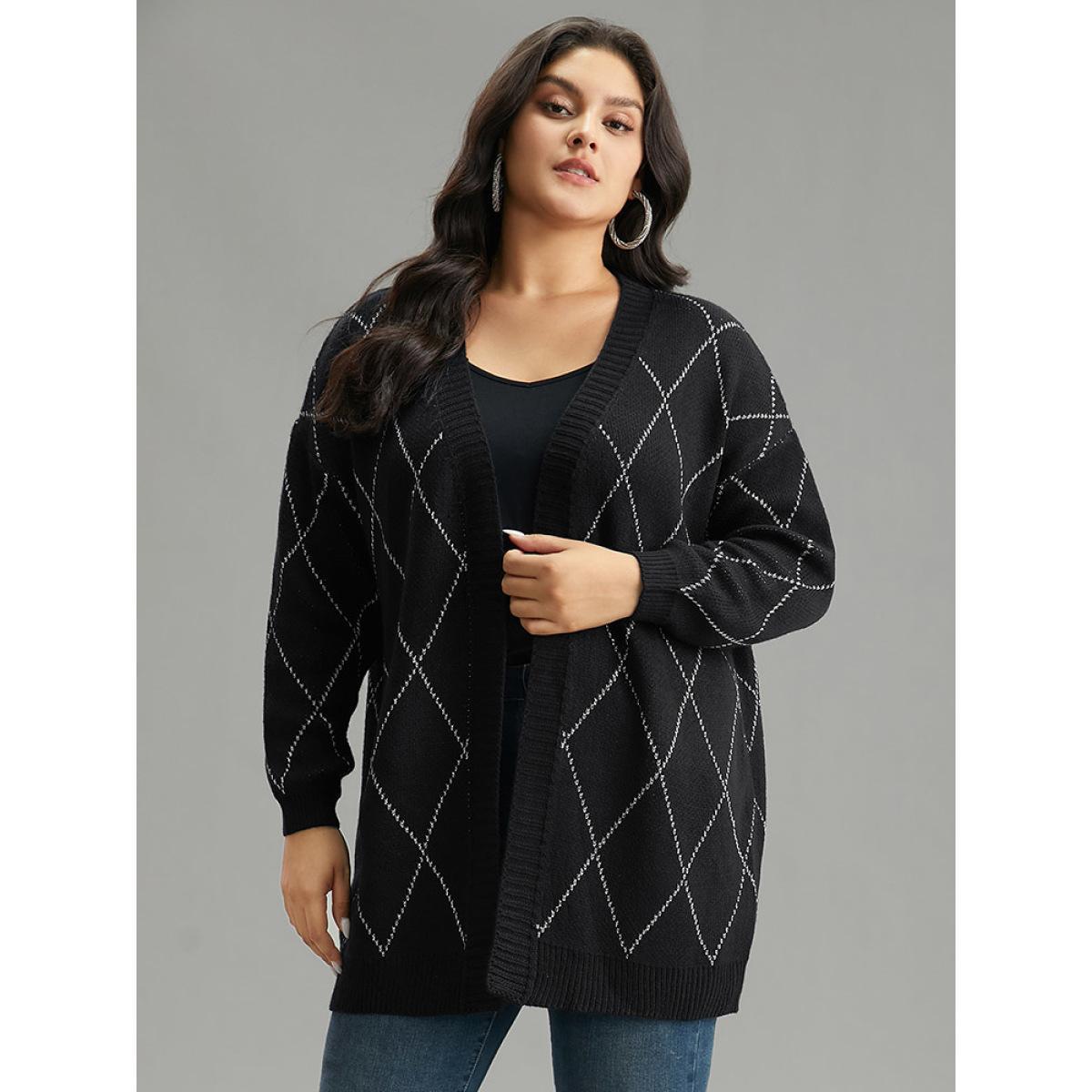 Plus Size Sparkly Plaid Open Front Cardigan Black Women Casual Loose Long Sleeve Dailywear Cardigans BloomChic 28/5X Product Image