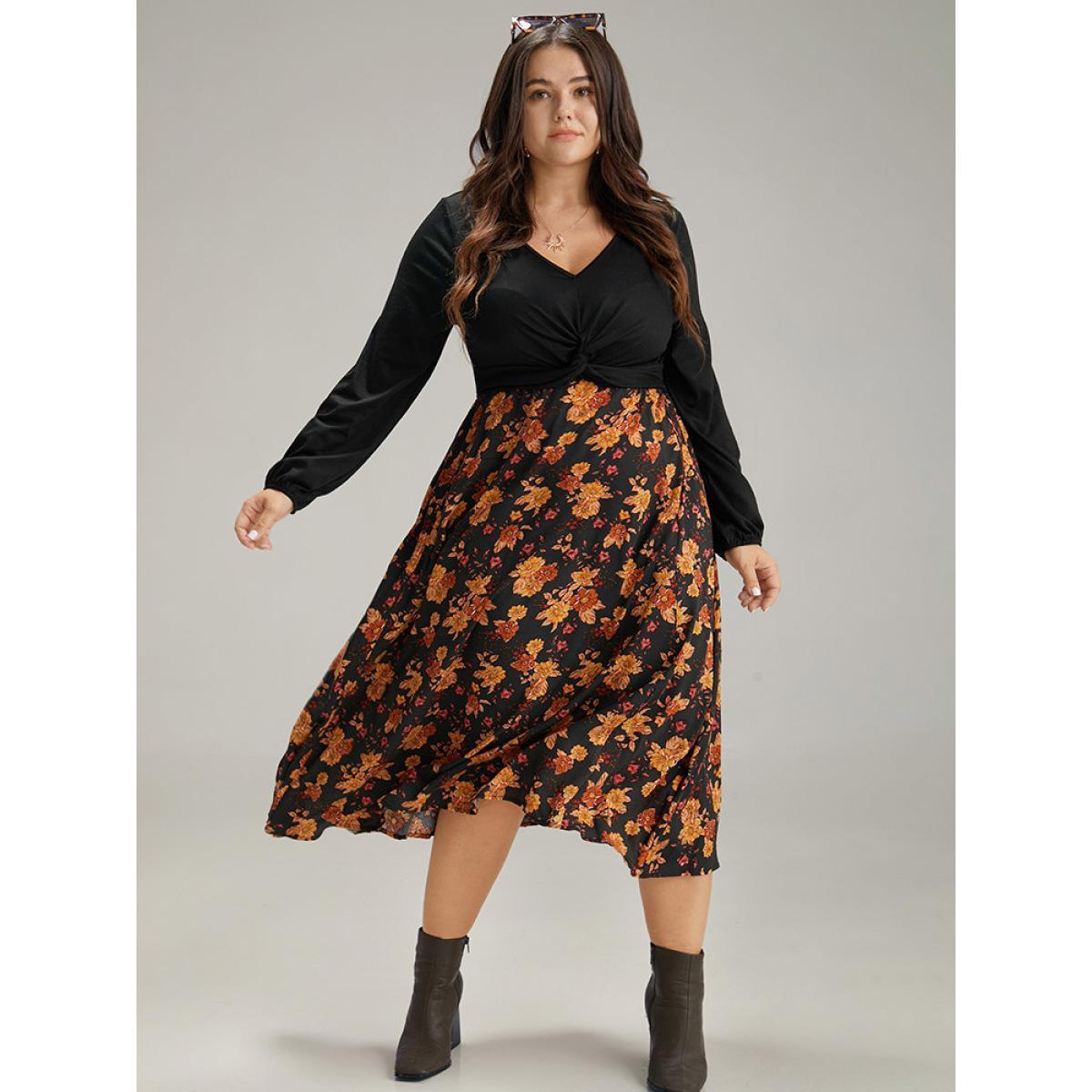 Plus Size Supersoft Essentials Floral Patchwork Twist Front Dress Black Women Elegant Elastic cuffs V-neck Long Sleeve Curvy Midi Dress BloomChic 14-16/1X Product Image