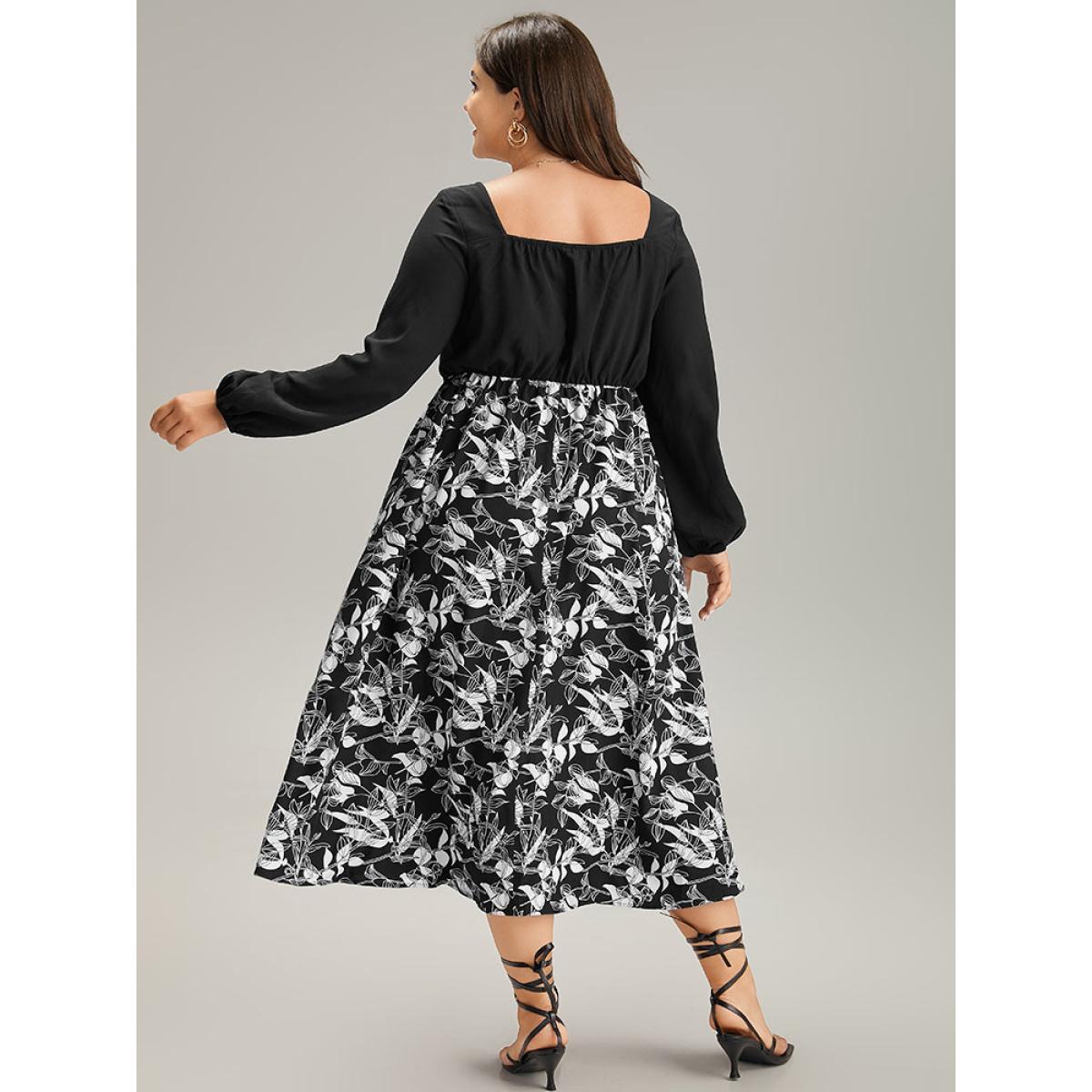 Plus Size Floral Print Ruched Bowknot Patchwork Dress Black Women Elegant Elastic cuffs Square Neck Long Sleeve Curvy Midi Dress BloomChic 14-16/1X Product Image