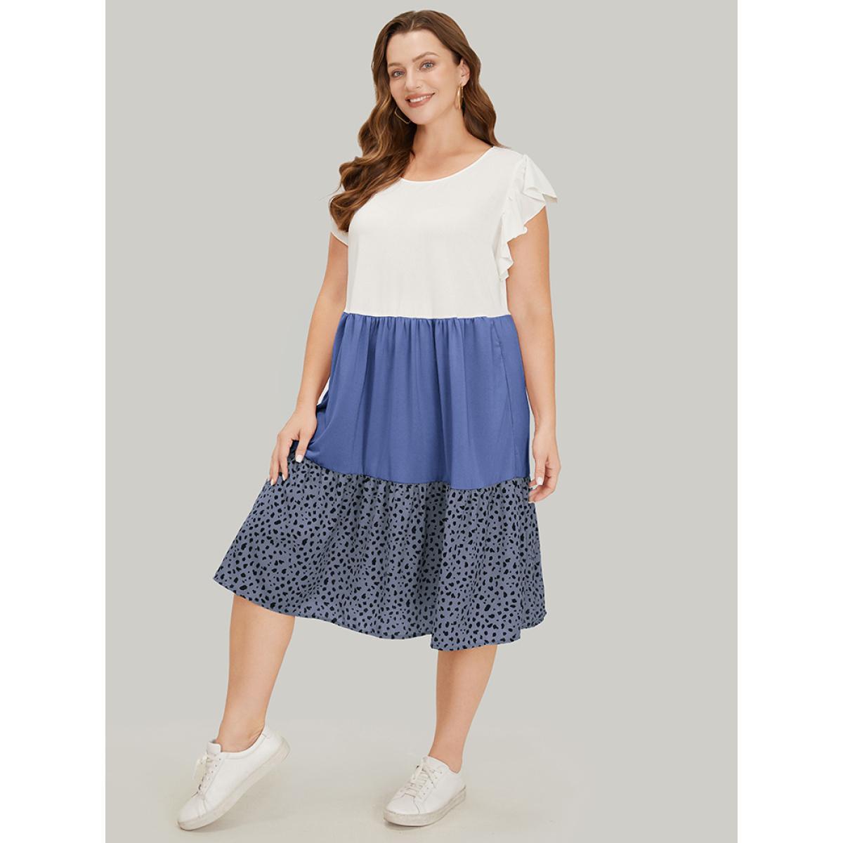 Plus Size Leopard Contrast Ruffle Trim Pocket Layered Hem Dress Stone Women Casual Patchwork Round Neck Cap Sleeve Curvy Midi Dress BloomChic 12/L Product Image