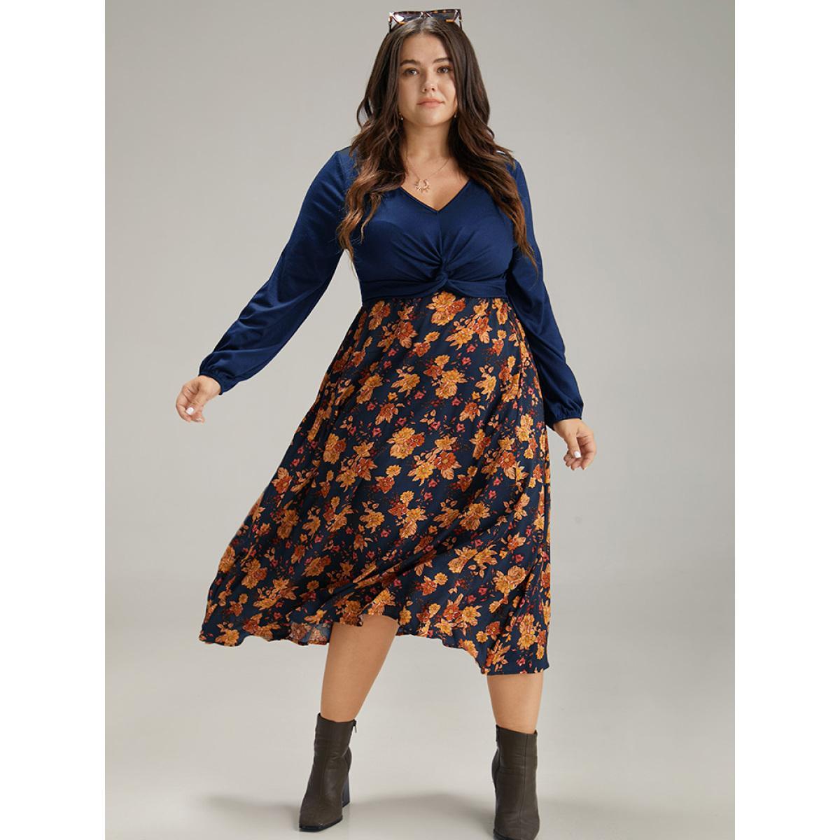 Plus Size Supersoft Essentials Floral Patchwork Twist Front Dress DarkBlue Women Elegant Elastic cuffs V-neck Long Sleeve Curvy Midi Dress BloomChic 28/5X Product Image