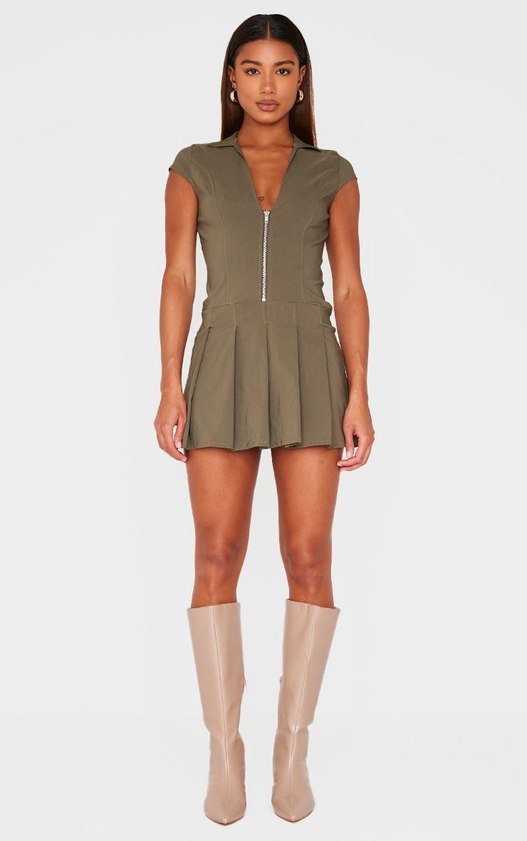 Khaki Zip Up Pleated Shift Dress Product Image