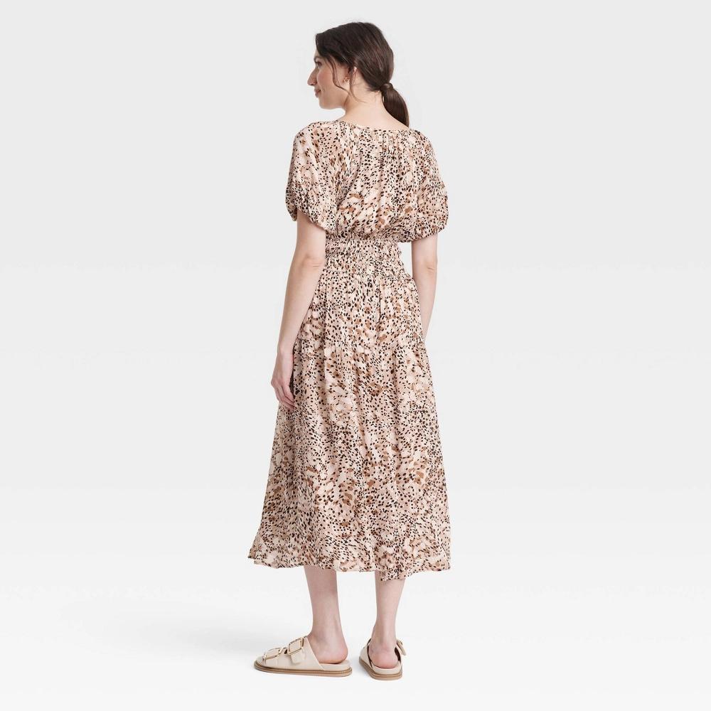 Women's Puff Short Sleeve Drop Tiered Midi A-Line Dress - Universal Thread™ Brown Leopard Spot XS Product Image