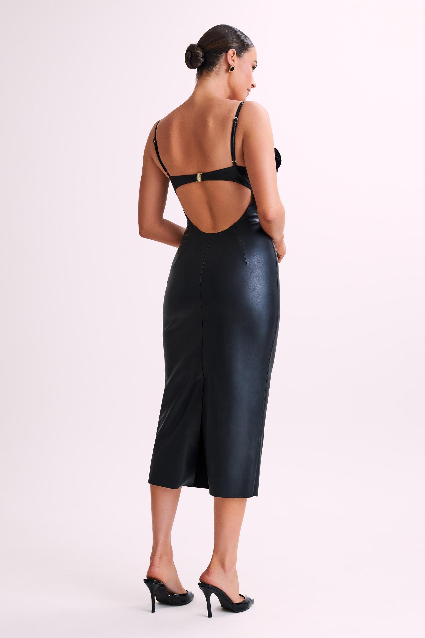 Mariam Faux Leather Rose Midi Dress - Black Product Image