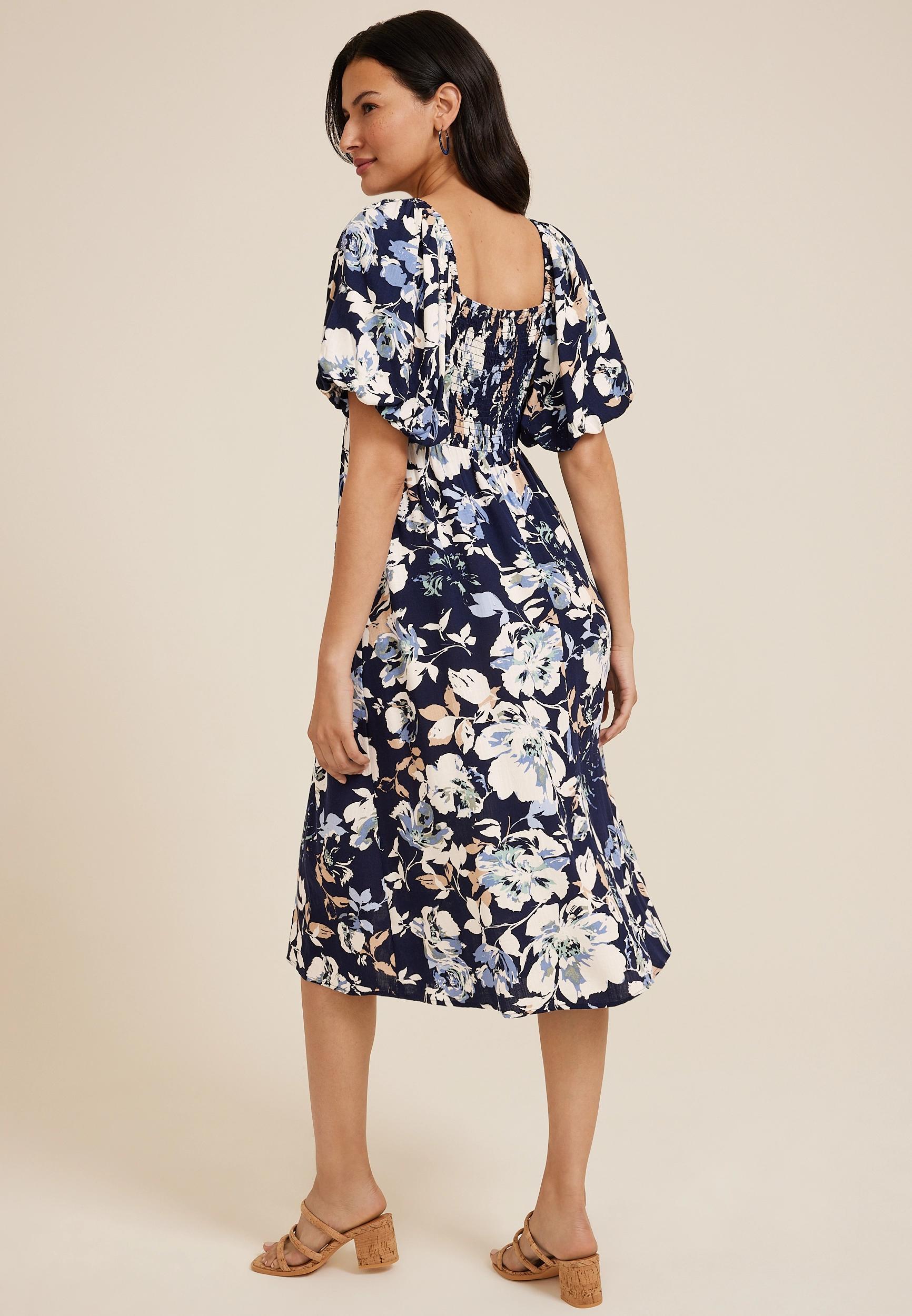 Maurices Womens Floral Sweetheart Neck Bubble Short Sleeve Midi Dress Blue Size X Small Product Image