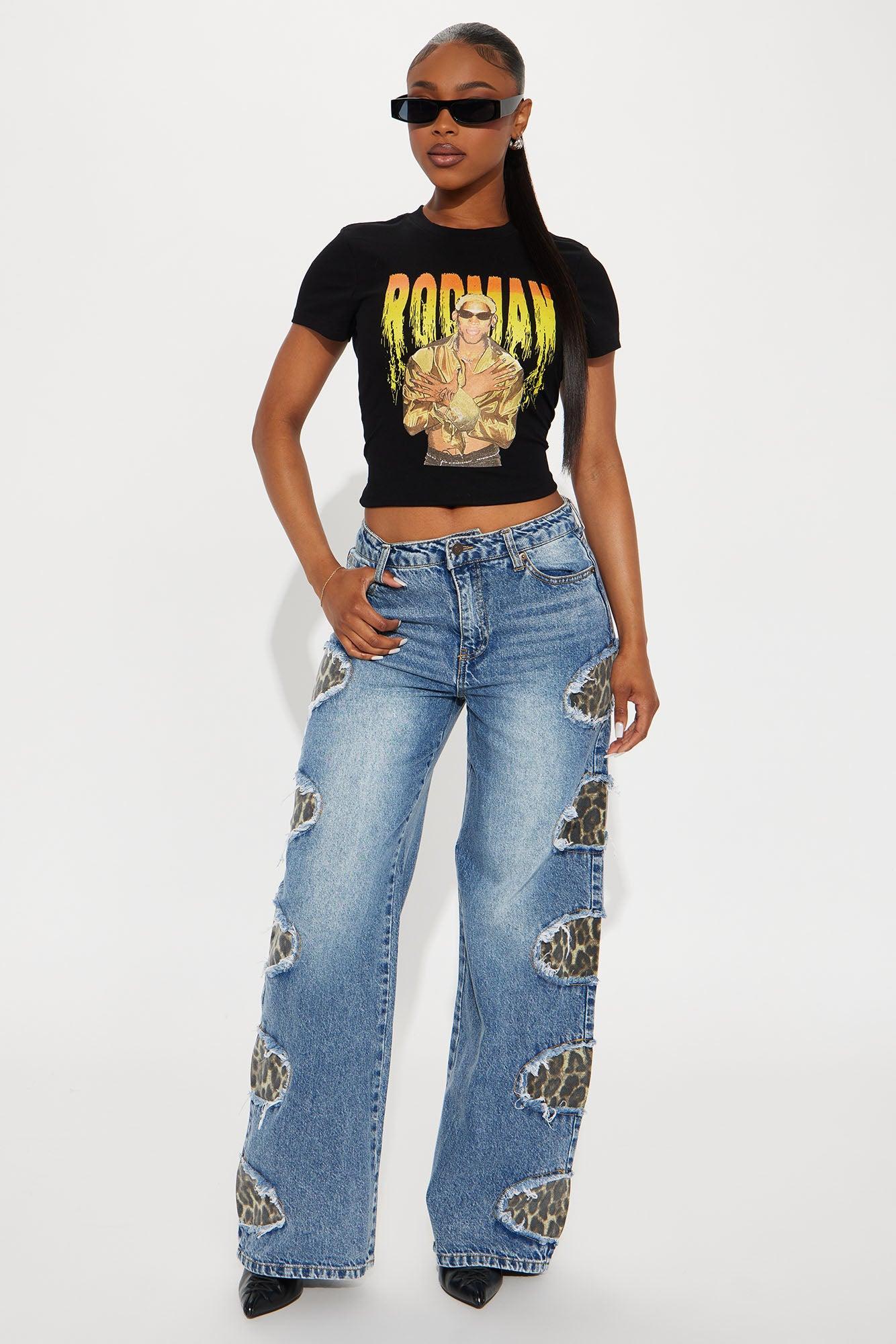Peeking Through Non Stretch Leopard Straight Leg Jeans - Medium Wash Product Image