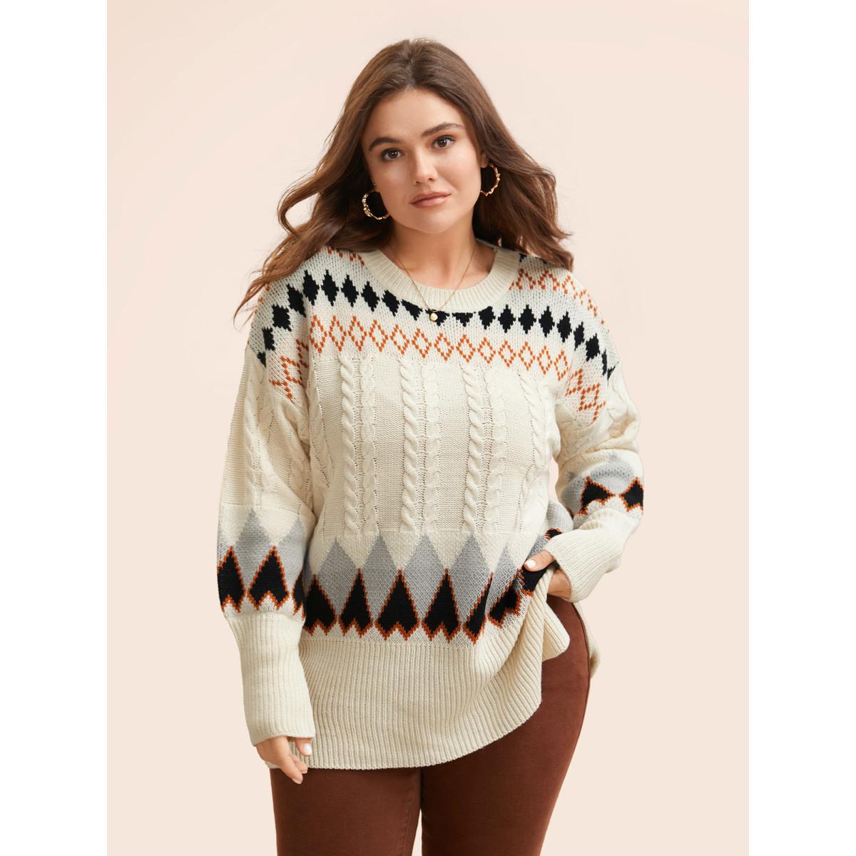 Plus Size Fair Isle Crew Neck Split Hem Pullover Beige Women Casual Long Sleeve Round Neck Everyday Pullovers BloomChic 22-24/3X Product Image