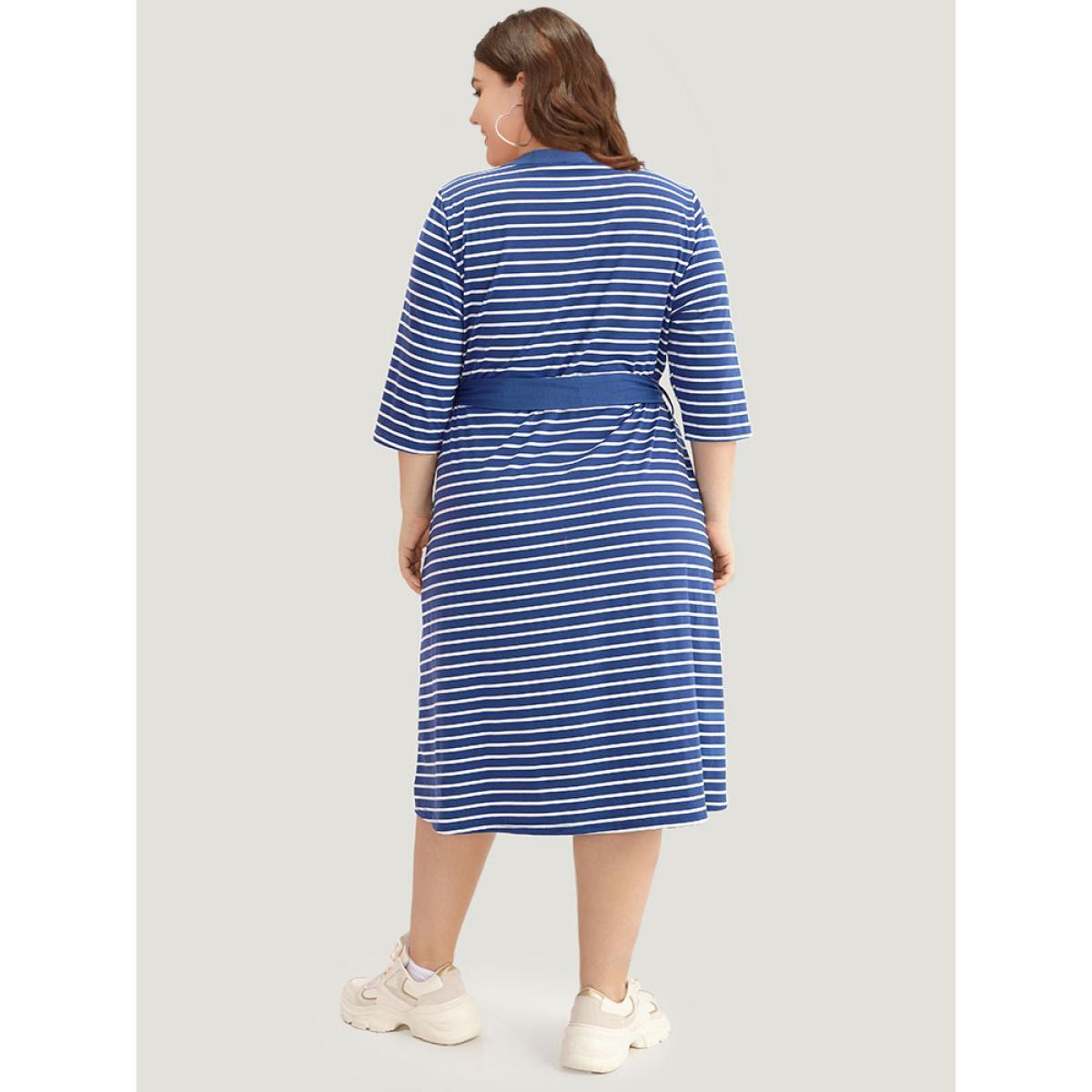 Plus Size Striped Belted Notched Dress Blue Women Casual Belted Notched collar Elbow-length sleeve Curvy Midi Dress BloomChic 12/L Product Image
