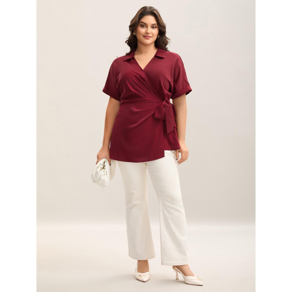 Plus Size Burgundy Side Knotted Collar Plain Shirt Women At the Office Short sleeve V-neck Work Blouses BloomChic 18-20/2X Product Image