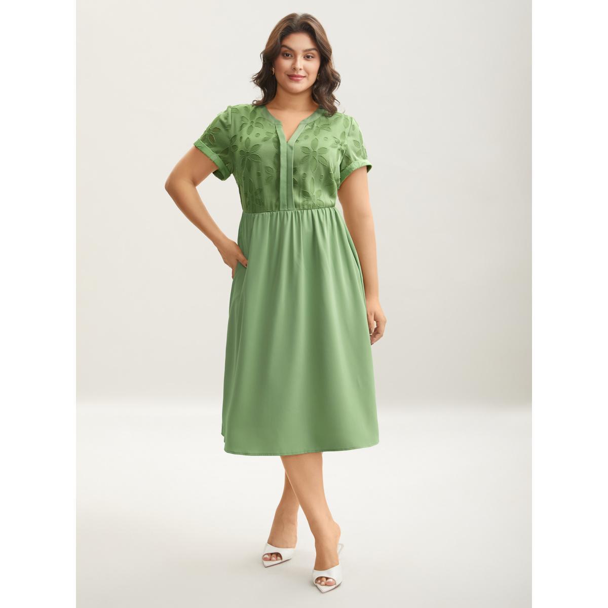Plus Size Sheer Back Textured Cut-Out Midi Dress Greenbean Women At the Office Texture Notched collar Short sleeve Curvy BloomChic 10/M Product Image
