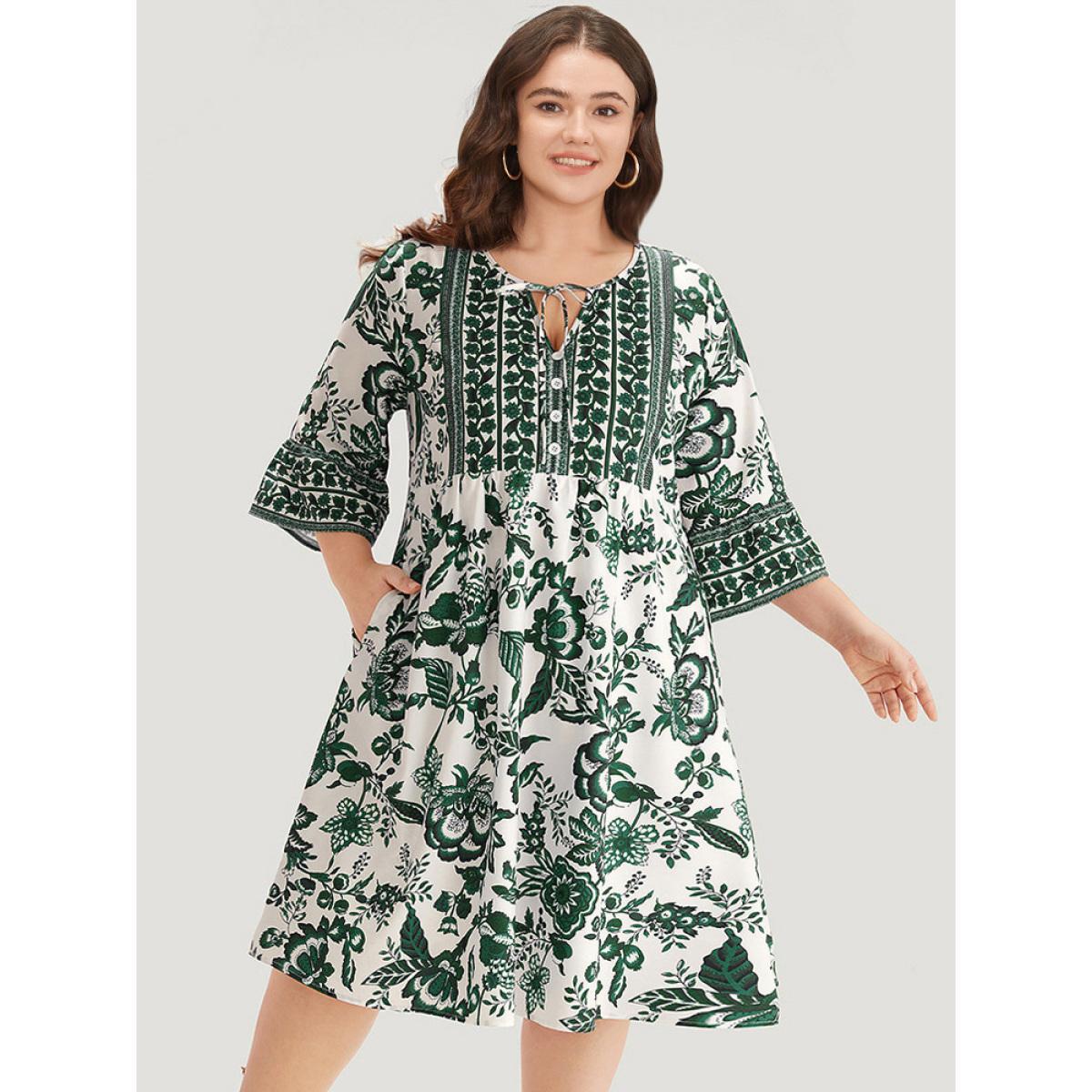 Plus Size Bandana Print Knot Neck Button Detail Dress DarkGreen Women Vacation Cross straps V-neck Elbow-length sleeve Curvy Midi Dress BloomChic 12/L Product Image