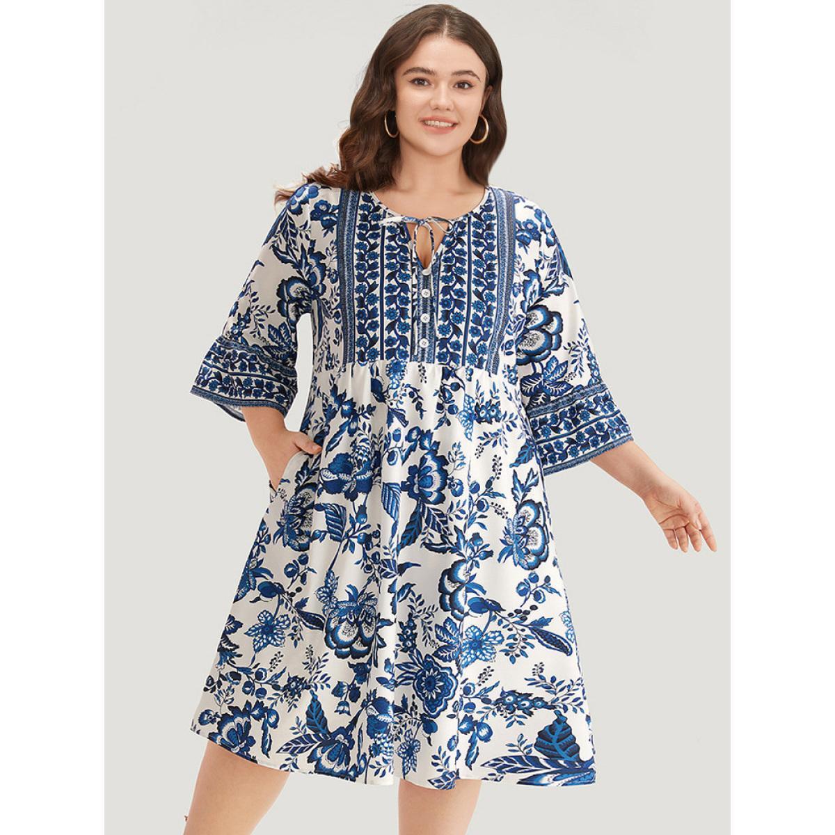 Plus Size Bandana Print Knot Neck Button Detail Dress DarkBlue Women Vacation Cross straps V-neck Elbow-length sleeve Curvy Midi Dress BloomChic 12/L Product Image